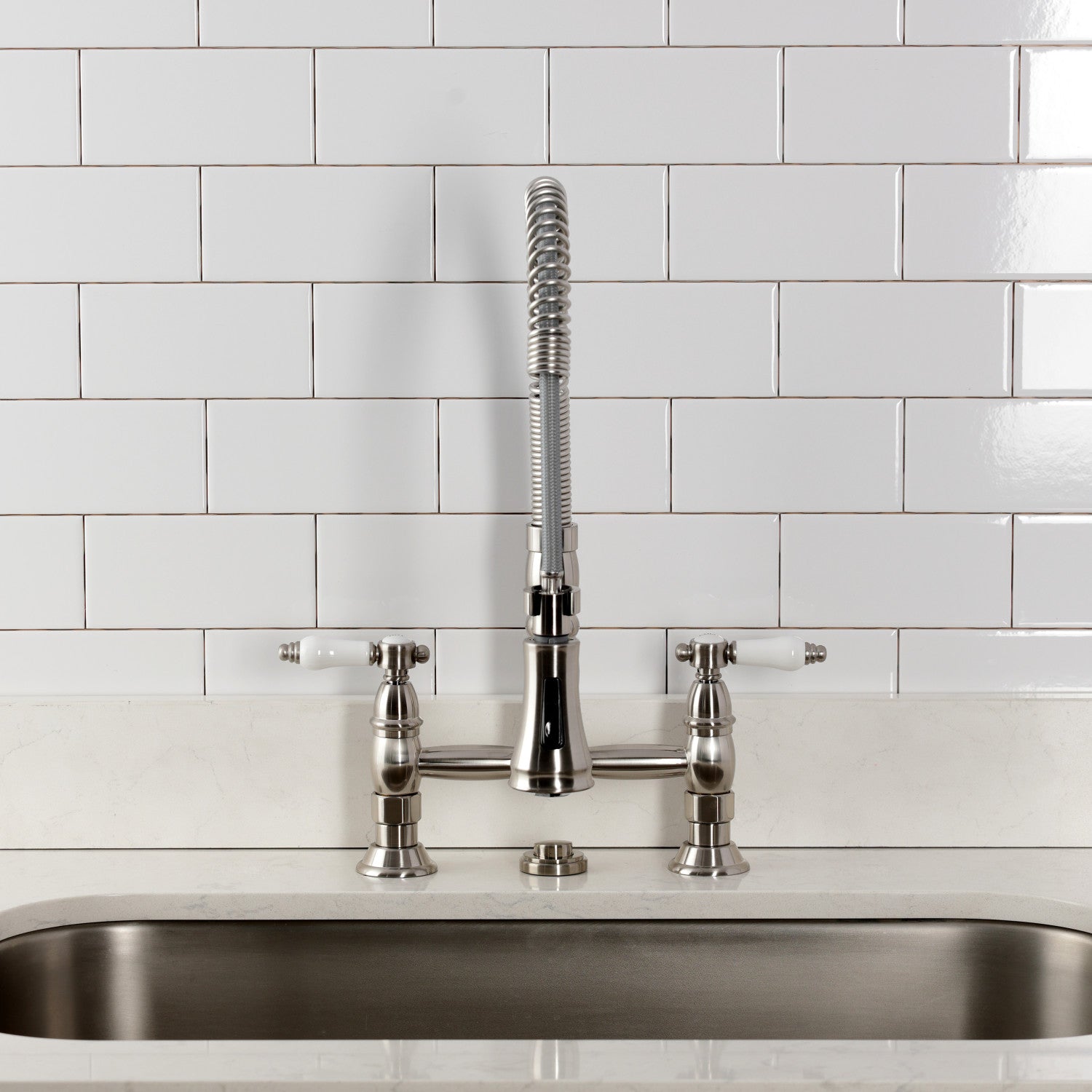 Bel Air GS1278BPL Brushed Nickel Double Handle 2-Hole Deck Mount Pre-Rinse Bridge Kitchen Faucet - Perfect for Commercial Kitchens & Restaurant Prep Areas