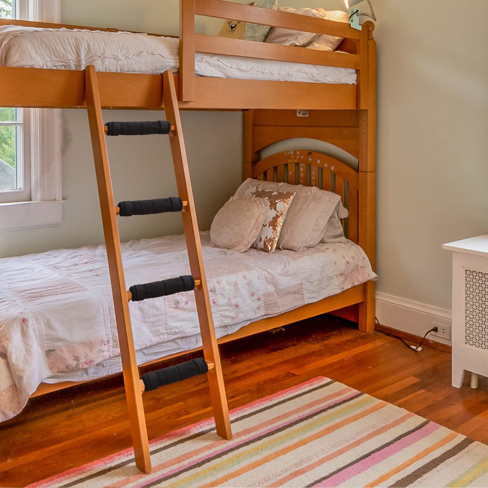 4 Pcs Bunk Bed Ladder Pads with 8 Adjustable Hook & Loop Straps - Non-Slip Ladder Step Covers for Loft Beds (10x10 Inch) - Safe & Comfortable Climbing Accessories for Kids & Adults - Perfect for Bedrooms, Dorms & Treehouses (Ladder Not Included)