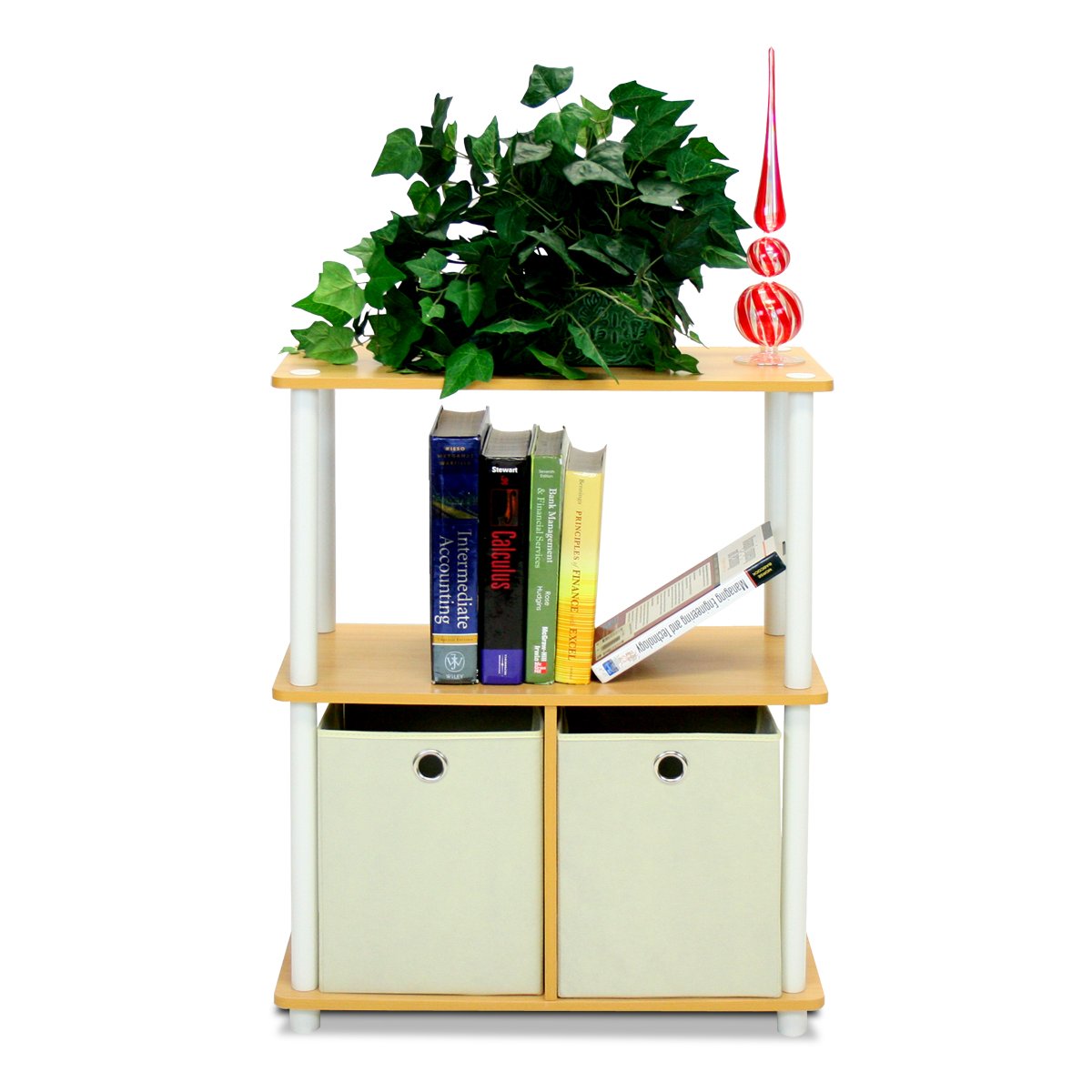 Furinno 3-Tier Multipurpose Storage Shelf - Eco-Friendly Bookshelf Cabinet with 2 Bins, Beech Finish | Perfect for Home Office, Bedroom & Kids Room Organization