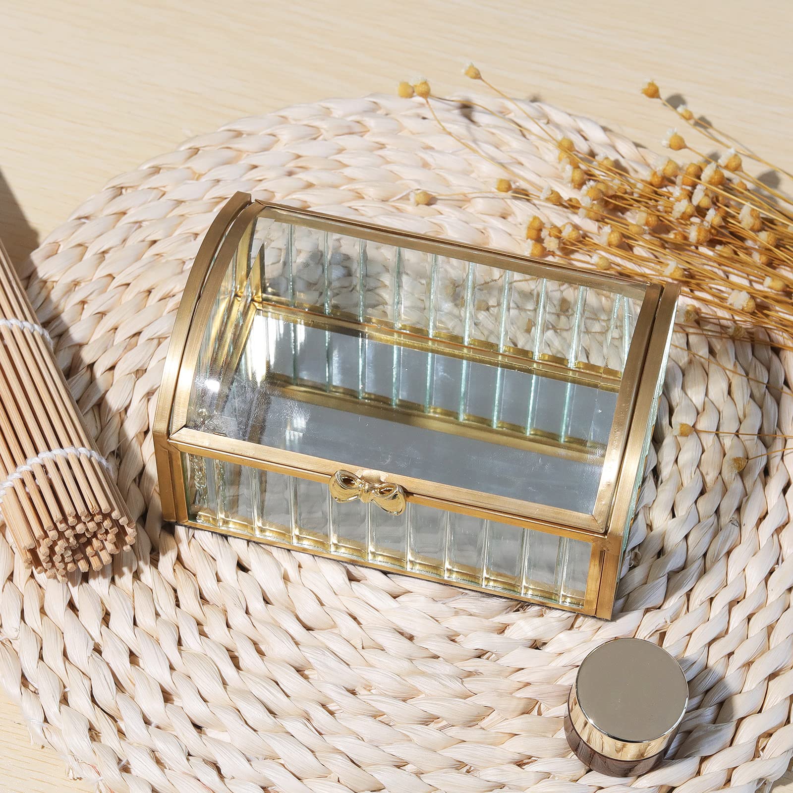 LONGSHENG Gold Jewelry Trinket Box - Glass Decorative Storage Box for Bracelets, Necklaces, Rings & Watches - Large Cosmetic Organizer for Vanity, Dresser & Travel Since 2001