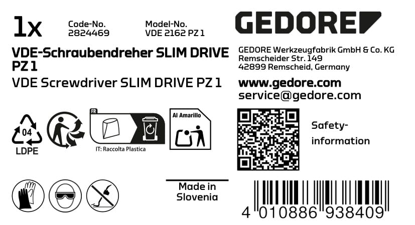 GEDORE VDE 2162 PZ 1 VDE Screwdriver Slim Drive PZ 1 - Professional Insulated Screwdriver for Electrical Work & DIY Projects