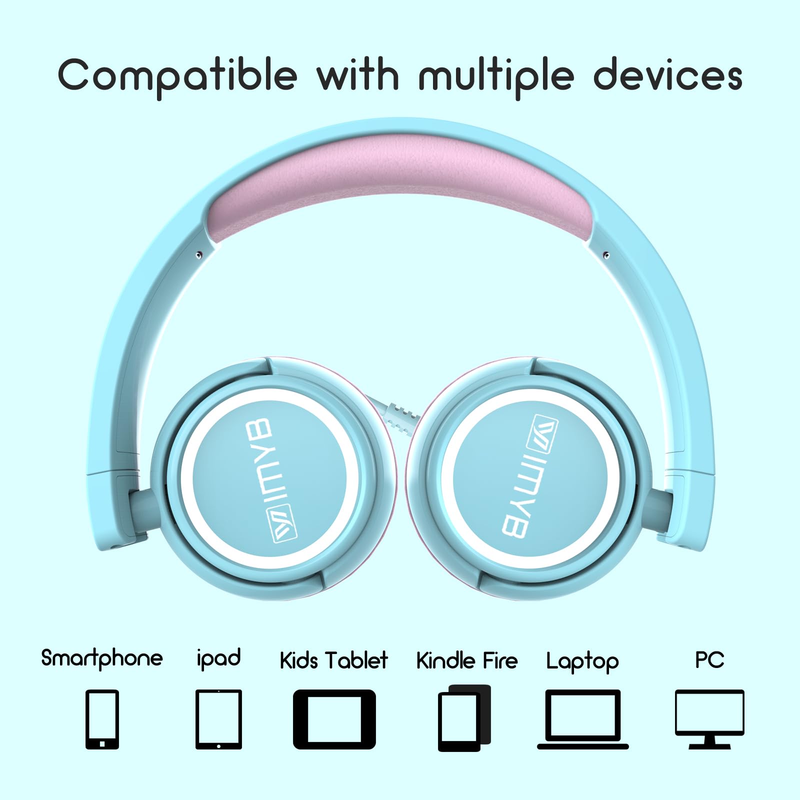 V1 Kids Headphones - Wired Stereo Foldable Tangle-Free 3.5mm Adjustable On-Ear Headphones for Children, Teens, Boys & Girls - Compatible with iPad, Tablet, Kindle & Phones - Perfect for School, Travel, Airplane & Home Use (Cyan Blue)