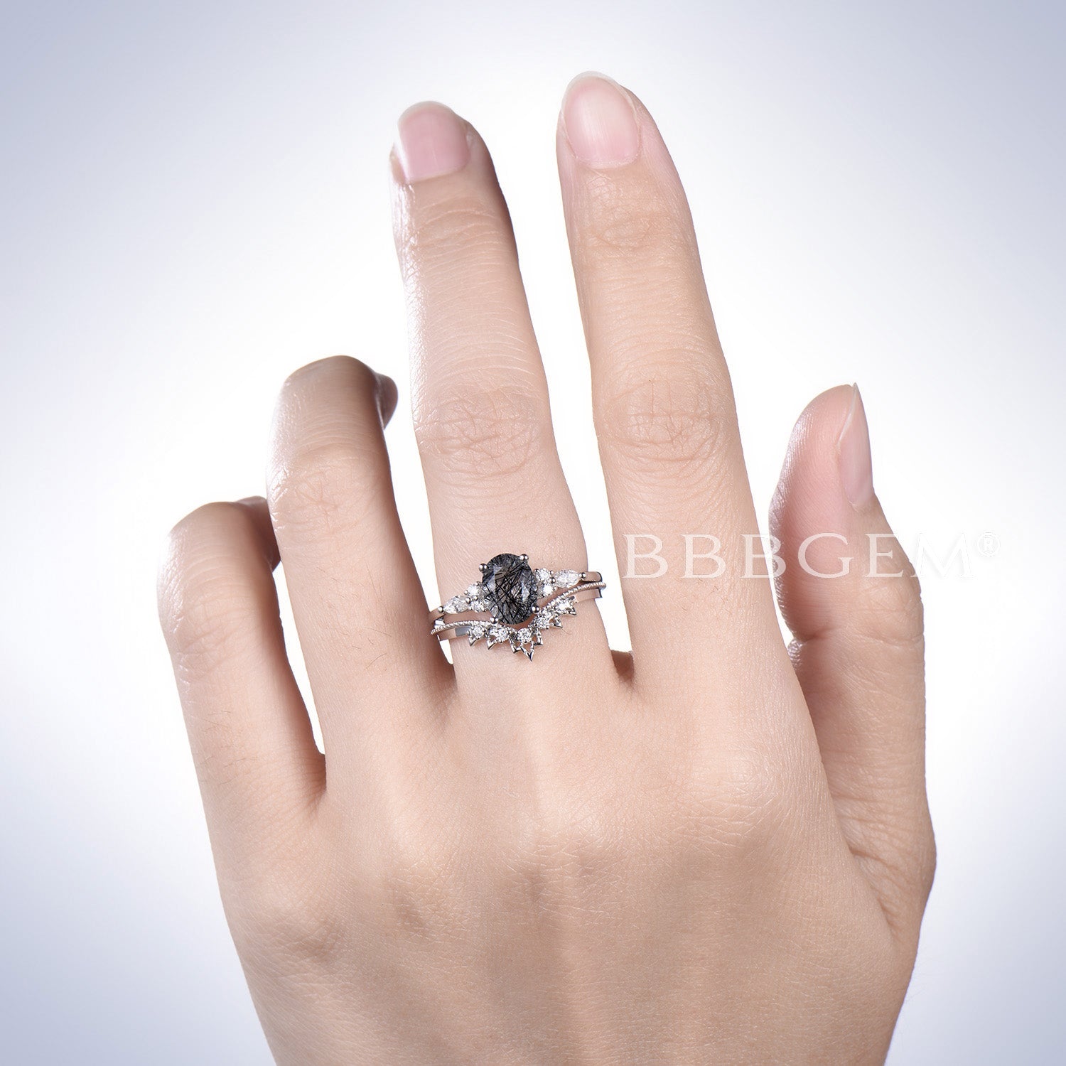 Oval Black Rutilated Quartz Engagement Ring - 14K White Gold Moissanite Bridal Set for Women - Perfect for Weddings, Anniversaries & Romantic Proposals
