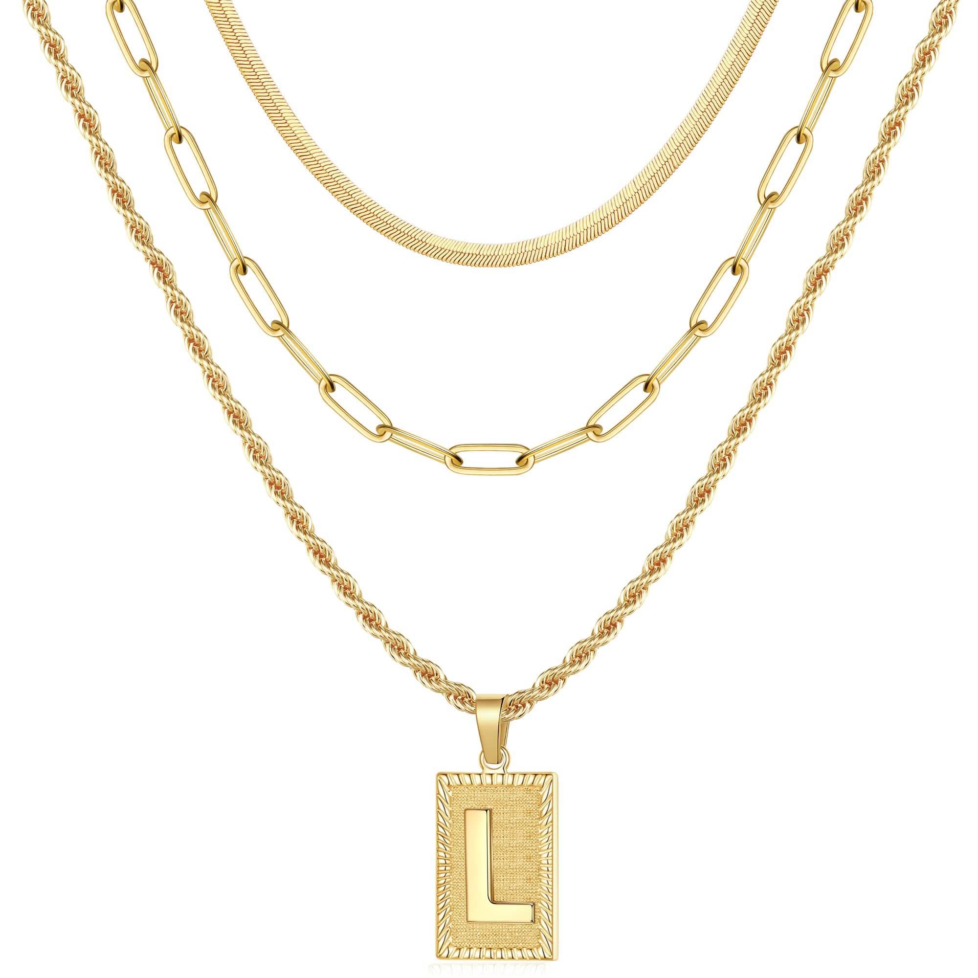 14K Gold Plated Layered Initial Necklace for Women - Dainty Paperclip Chain, Snake Choker & Rope Chain with Square Pendant | Personalized Letter Jewelry for Everyday Wear, Gift Giving & Special Occasions