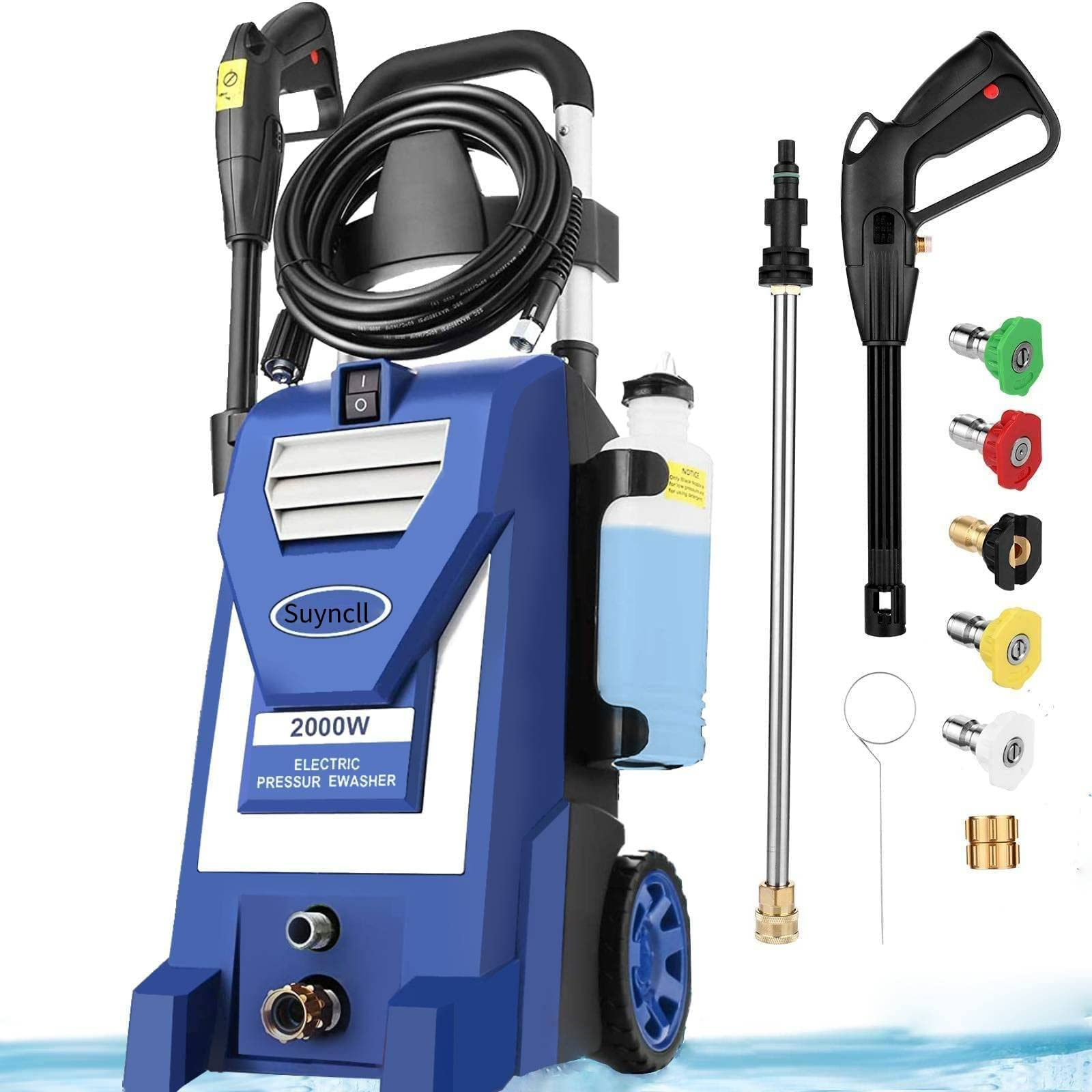 Suyncll 2000W Electric Pressure Washer - 2.9GPM High Power Cleaner with 5 Quick-Connect Nozzles & Foam Cannon (Blue) - Ideal for Cleaning Driveways, Decks, Cars, and Outdoor Surfaces