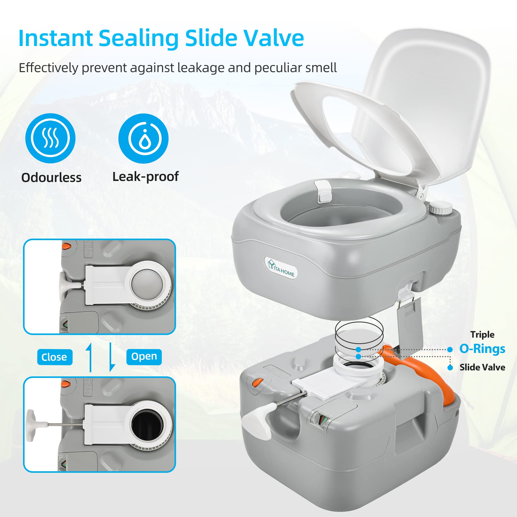YITAHOME 5.8 Gallon Portable Toilet for Camping, RV, Boat & Outdoor Use - Leak-Proof Travel Toilet with Carry Bag, Hand Sprayer, Level Indicator & Handle Pump - Perfect for Road Trips, Hiking, Emergency Preparedness & Off-Grid Living