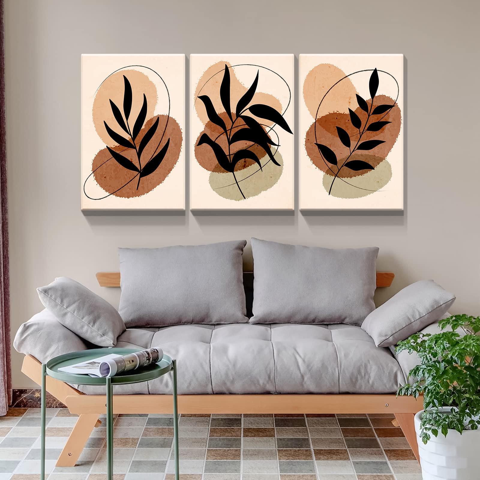 Boho Wall Art Set of 3 - 24x36 Inch Framed Canvas Prints, Minimalist Mid Century Modern Plant Paintings, Abstract Bohemian Home Decor for Living Room & Bedroom - Perfect for Gallery Walls & Boho Chic Interiors