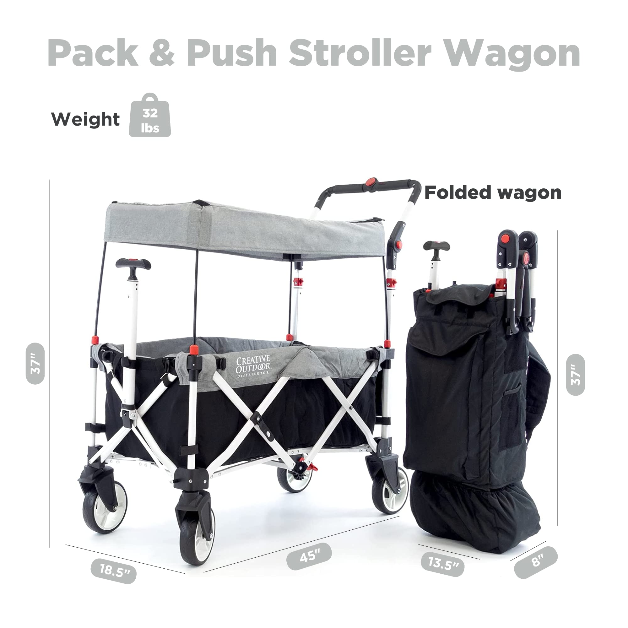 Ultra Compact Folding Stroller Wagon with Canopy - Lightweight Push Pull Design for Camping, Beach, Park & Sporting Events - Supports 150lbs - Gray/Black - Perfect for Family Outings, Travel & Outdoor Adventures