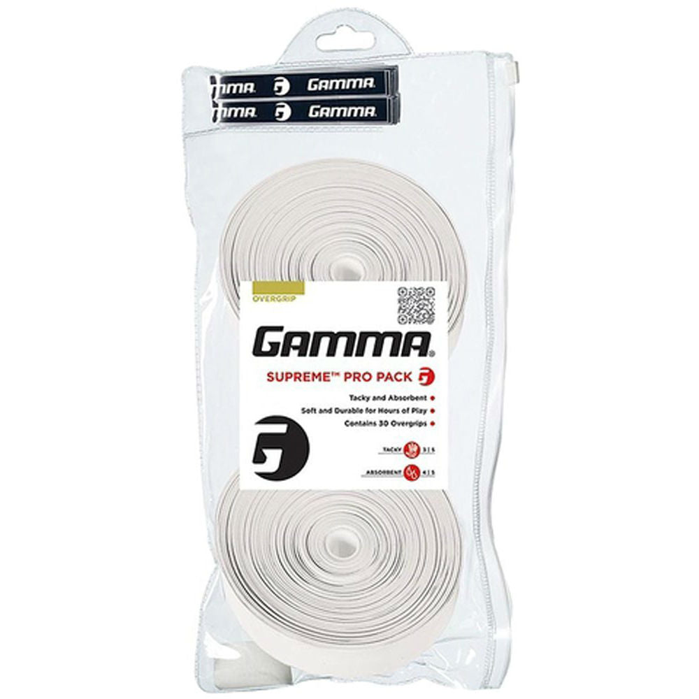 Gamma Supreme Overgrip 30 Pack (White) - Premium Tennis Racket Grip Tape for Enhanced Comfort & Sweat Absorption - Perfect for Tennis, Badminton & Racquetball Players