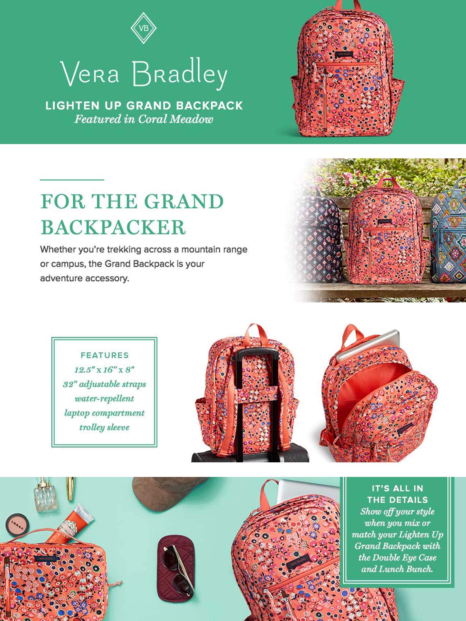 Vera Bradley Women's Lightweight Grand Backpack - Falling Flowers Neutral Print, Spacious Travel & School Backpack for Work, College & Daily Commute