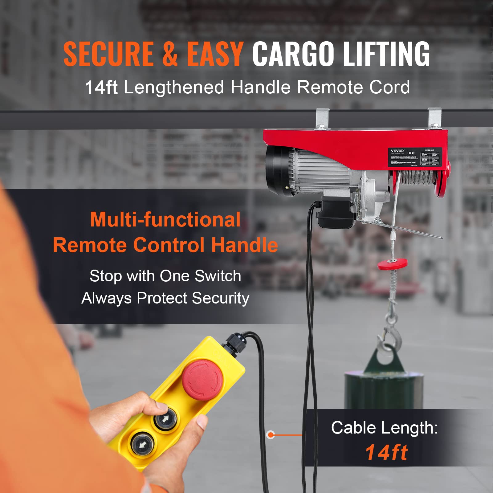 Happybuy 2200Lbs Electric Hoist - 110V Overhead Crane with Steel Hook & Remote Control - Ceiling Pulley Winch for Warehouse, Construction, Garage Lifting - Emergency Stop Switch Included (Red) - Perfect for Heavy Duty Material Handling and Industrial Applications