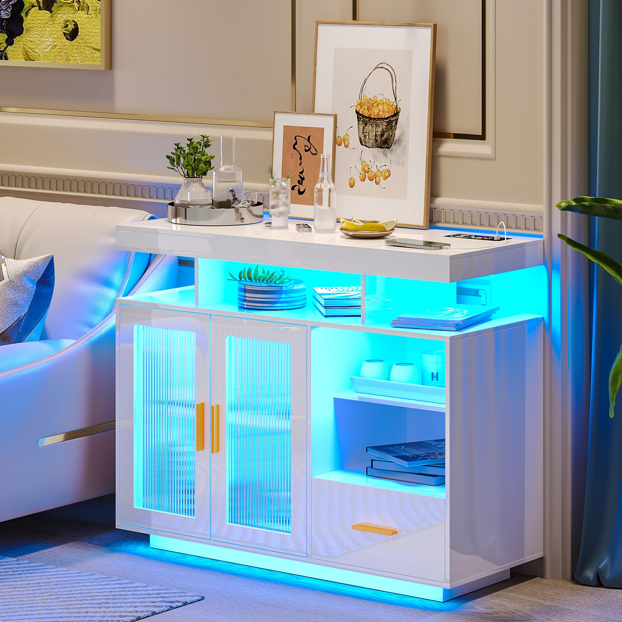 Modern White LED Sideboard Buffet Cabinet with Storage & Charging Station - High Gloss Kitchen Storage Cabinet with Auto Sensor 24-Color Lights - Perfect for Dining Room, Living Room & Coffee Bar Setup