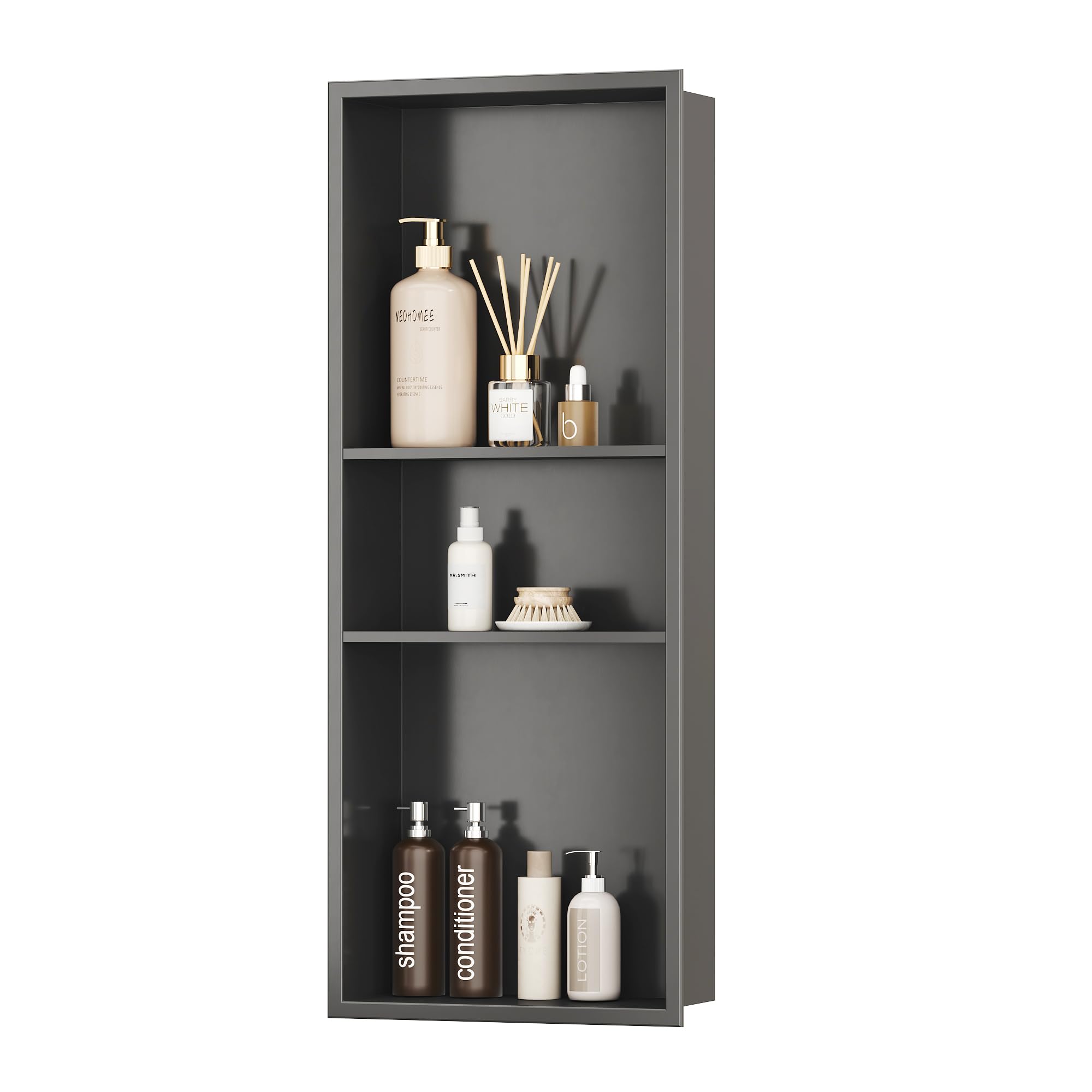 Neodrain 12X30 Inch Gun Metal 3-Layer Stainless Steel Recessed Shower Niche - No Tile Needed Bathroom Wall Storage Organizer for Shampoo, Soap & Bath Essentials