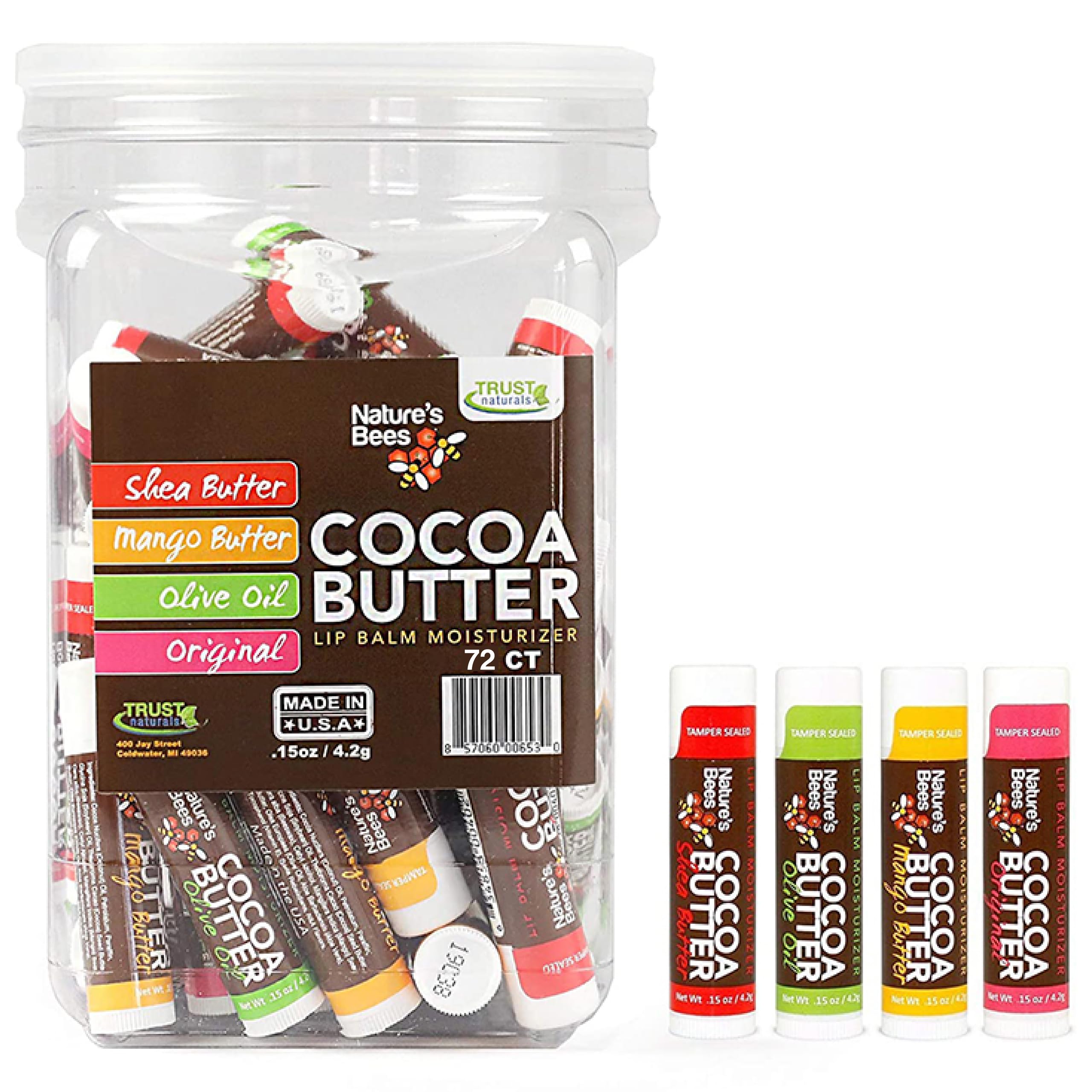 Nature's Bees Cocoa Butter Lip Balm - 72 Pack Variety Assortment (Original, Olive Oil, Mango Butter, Shea Butter) | Moisturizing Lip Treatment for Dry, Chapped Lips | Perfect for Daily Use, Travel, Gifts & Winter Care