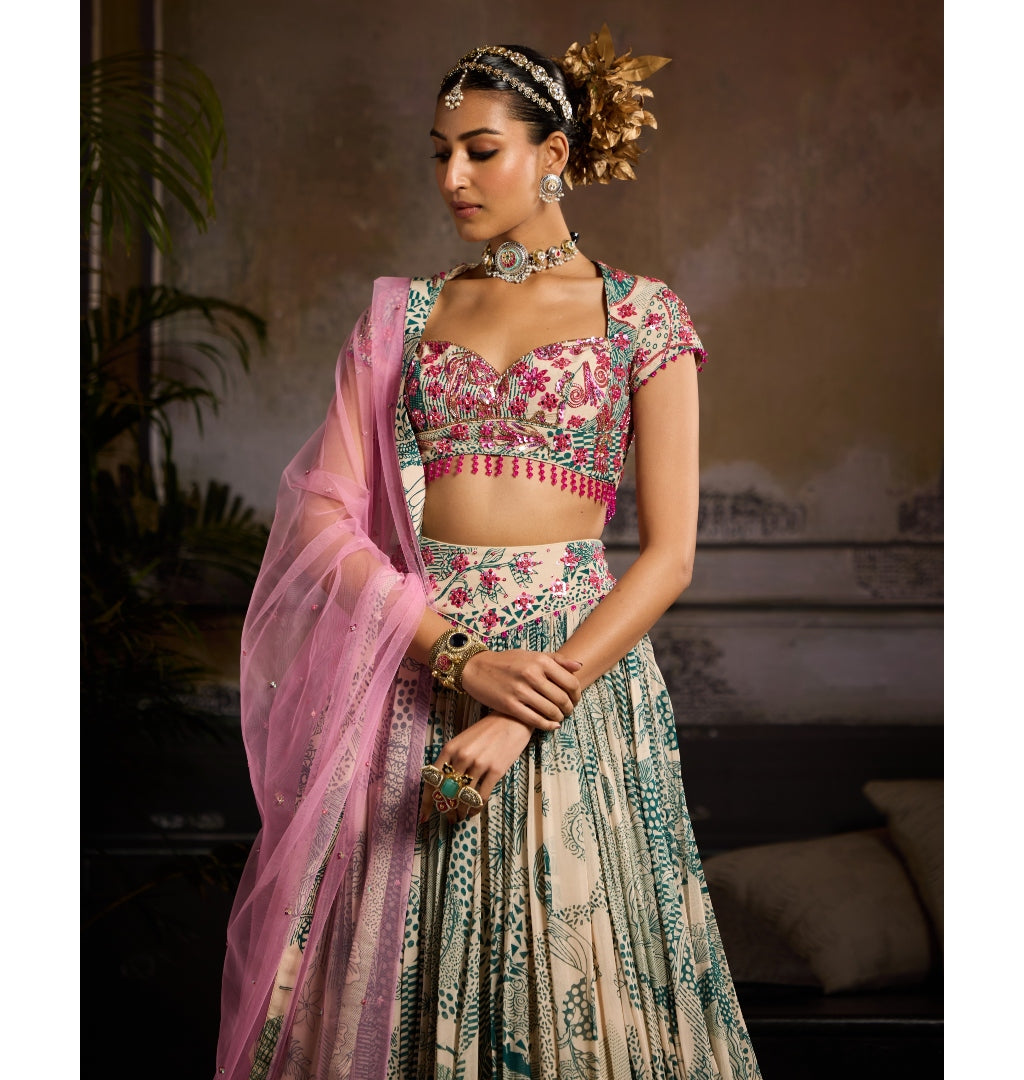 Elegant Beige & Teal Lehenga Set for Women | Traditional Indian Bridal & Wedding Party Outfit | Perfect for Festivals, Sangeet & Mehendi Ceremonies
