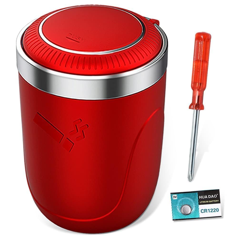 Portable Car Ashtray with Lid - Detachable Stainless Steel Smokeless Ash Tray with LED Blue Light, Windproof Mini Trash Can for Car, Travel & Home Use - Perfect for Road Trips, Camping & Outdoor Activities (Red)