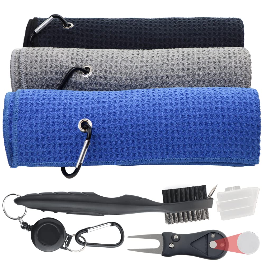 Premium Golf Towel Set with Club Cleaning Kit - 3 Microfiber Waffle Pattern Towels, Groove Cleaner Brush & Divot Tool | Golf Accessories for Men & Women | Perfect for Golf Bags, Course Maintenance & Club Care