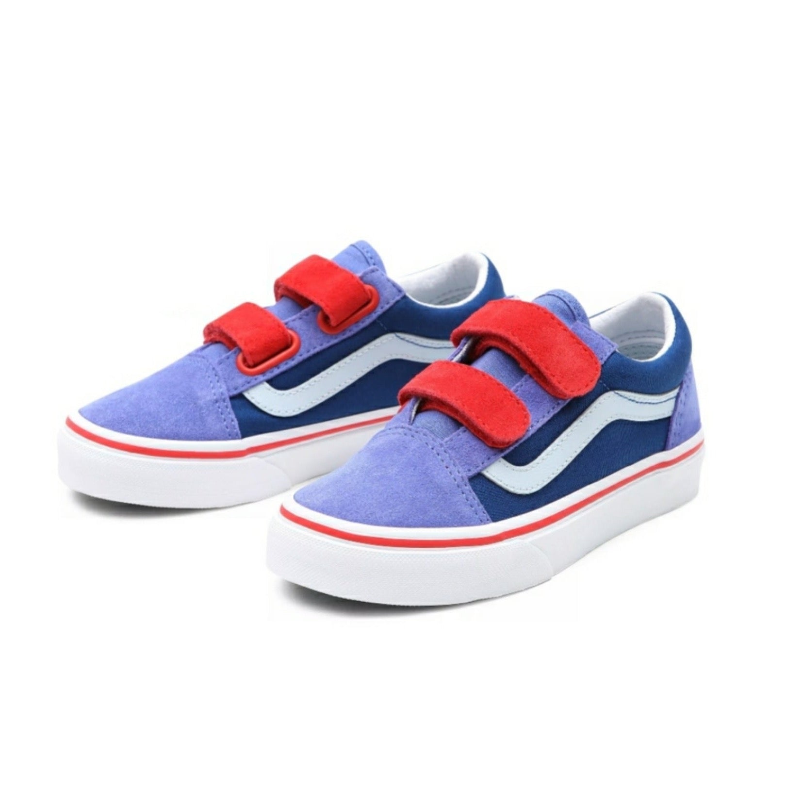 Vans Kids Old Skool Sneakers - Color Block Baja Blue & High Risk Red - Comfortable Skate Shoes for Boys & Girls - Perfect for School, Playground & Casual Wear