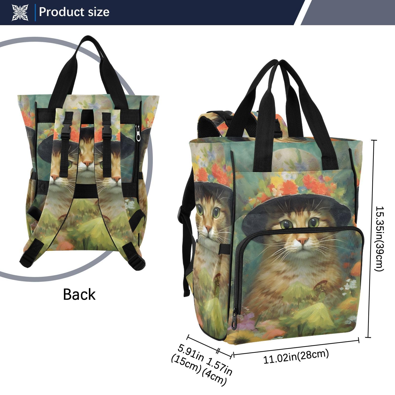 Stylish Cat Print Diaper Backpack with Insulated Bottle Pocket - Large Baby Changing Bag (11.02×5.91×15.3 IN) - Multicolor Travel Backpack for Parents - Perfect for Daycare, Outings & Family Trips