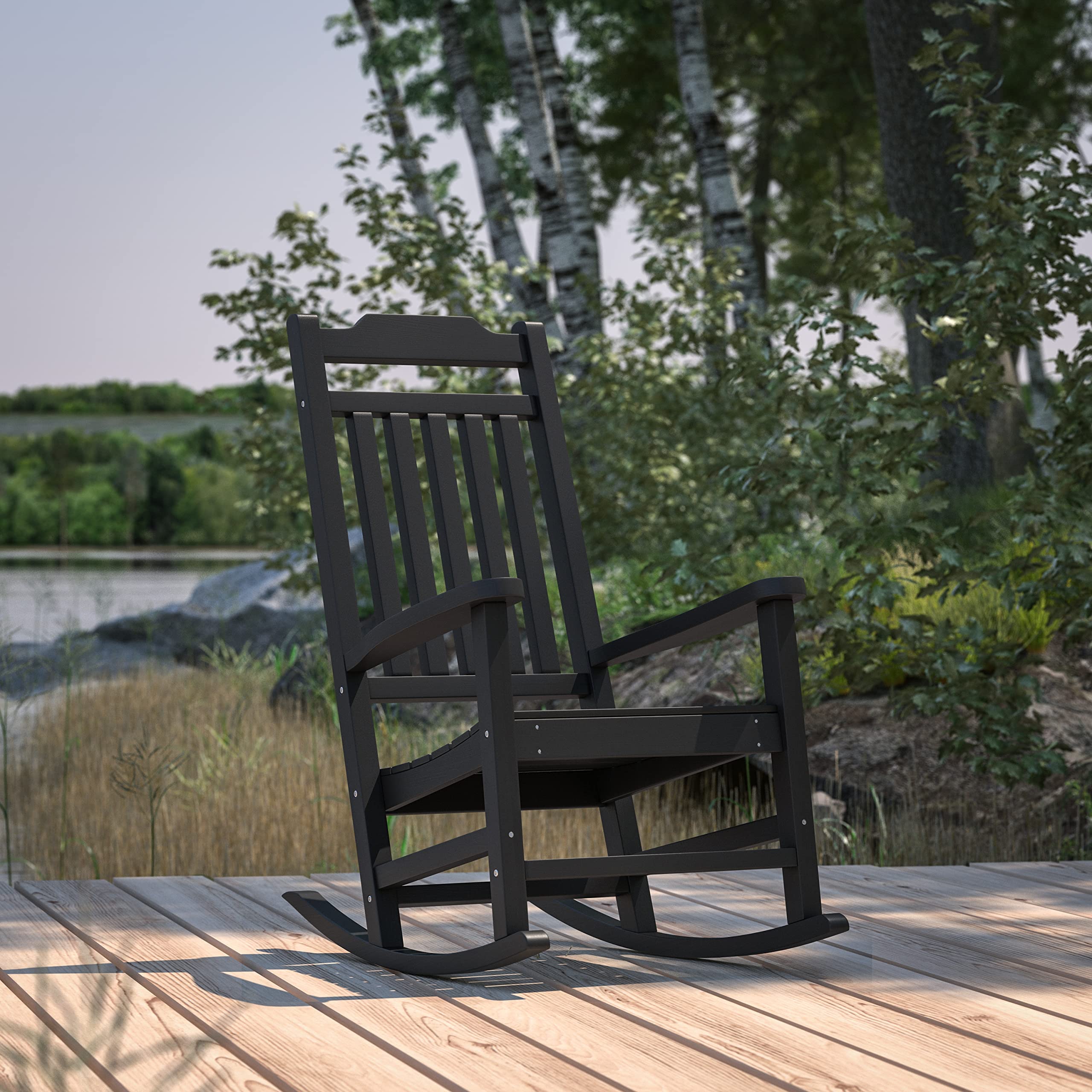 Merrick Lane Hillford All-Weather Rocking Chair - Black Poly Resin Patio Rocker for Indoor & Outdoor Use - Perfect for Porch, Deck, Garden, and Living Room Relaxation