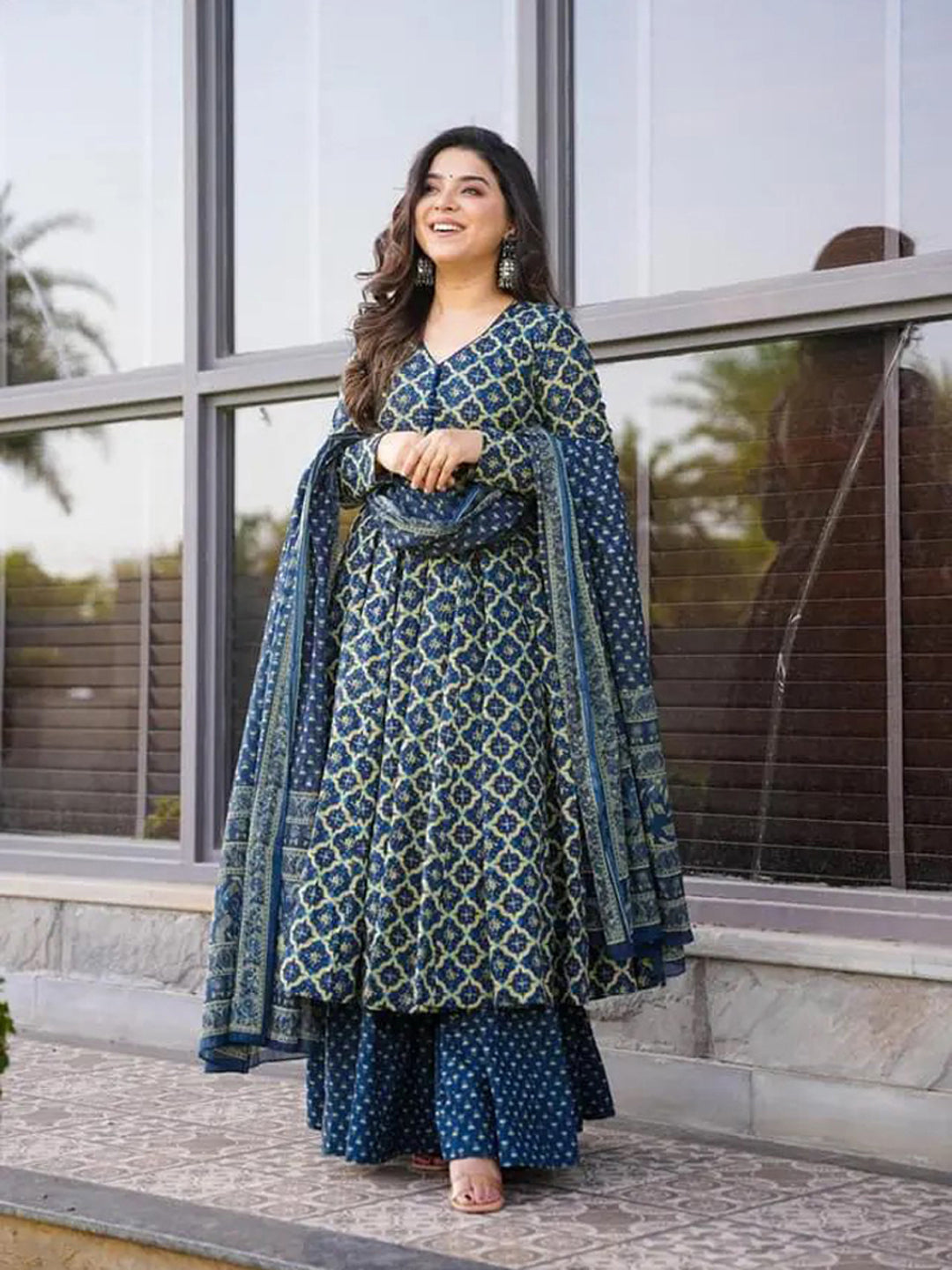 Stylish Blue Digital Printed Cotton Silk Palazzo Suit for Women - Perfect for Parties, Weddings & Festive Occasions