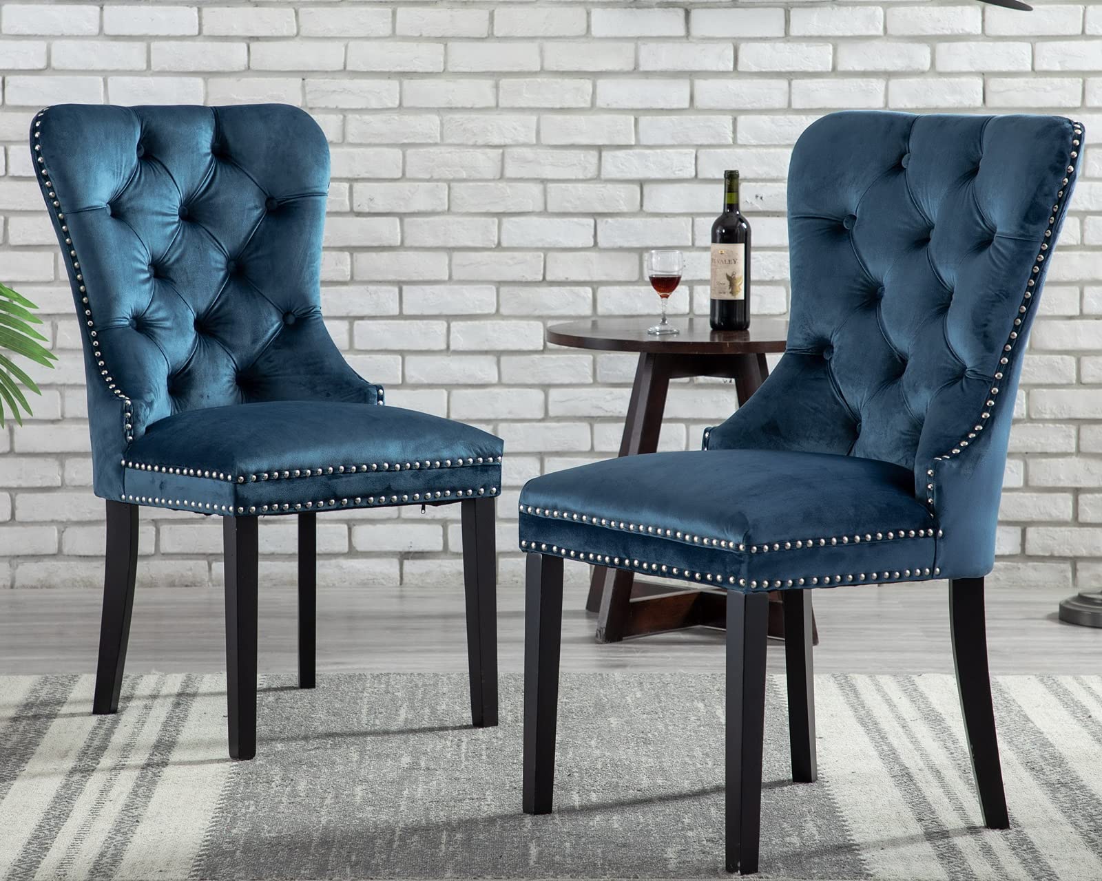 Luxury Velvet Dining Chairs Set of 2 - Modern Tufted Upholstered Side Chairs with Nailhead Trim & Solid Wood Legs for Kitchen, Dining Room, Bedroom - Navy Blue Velvet Fabric with Elegant Back Ring Design | Perfect for Home Decor, Dinner Parties & Cozy Breakfast Nooks