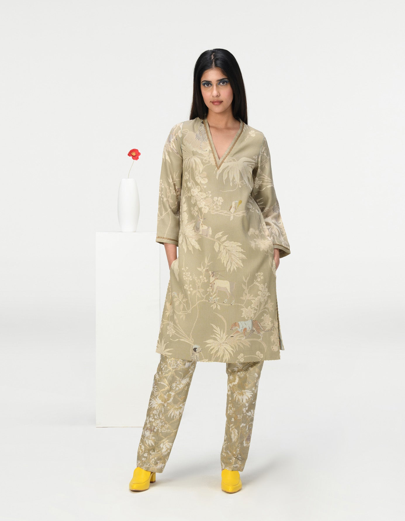 Roshan V Neck Kurta for Women - Premium Muga Satin Fabric in Oyster Grey - Elegant Indian Ethnic Wear for Festivals & Special Occasions