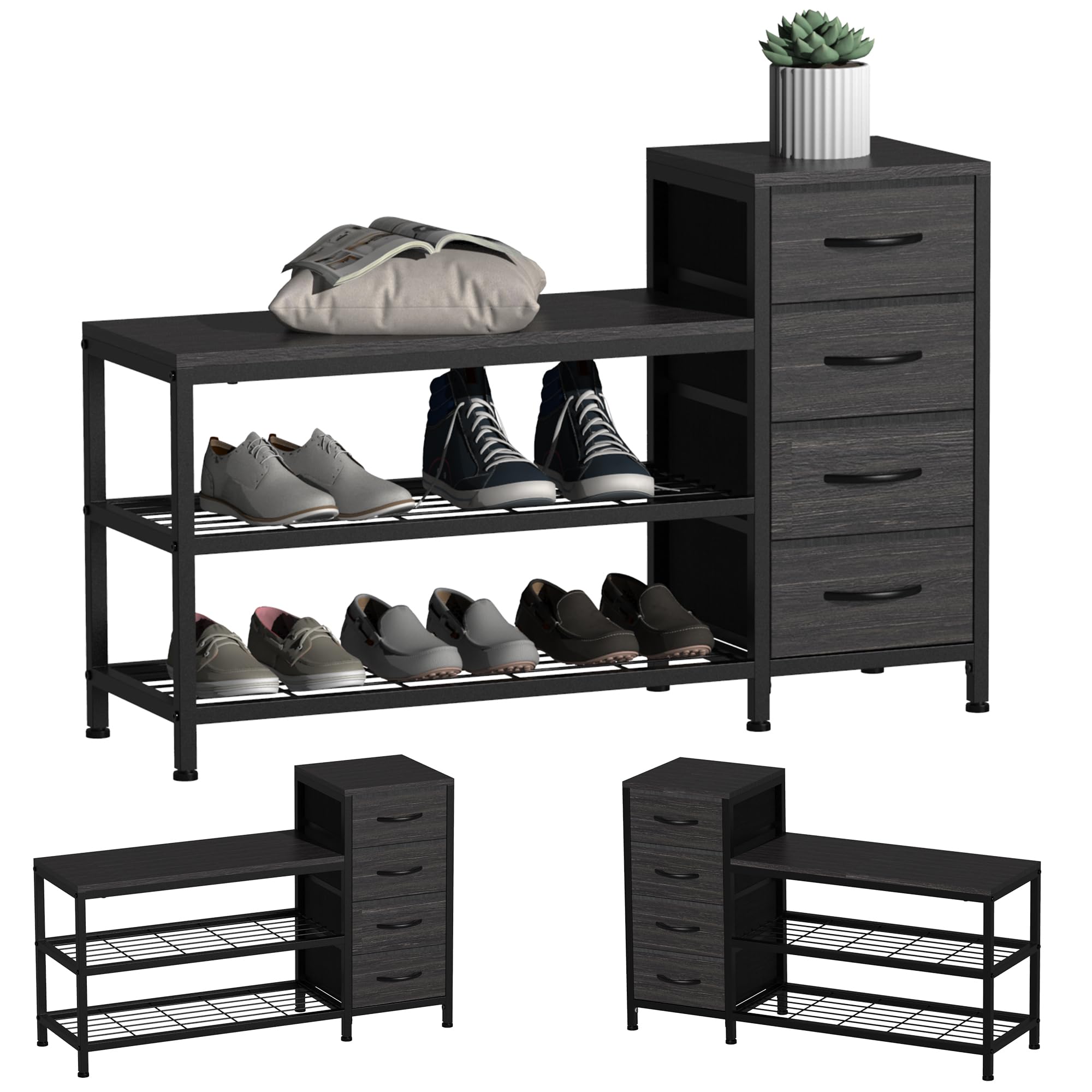 EXOTICA 3-Tier Shoe Storage Bench with 4 Fabric Drawers, Metal Frame & Wooden Seat - Entryway Organizer for Shoes, Hats & Accessories | Perfect for Hallway, Front Door & Small Space Organization