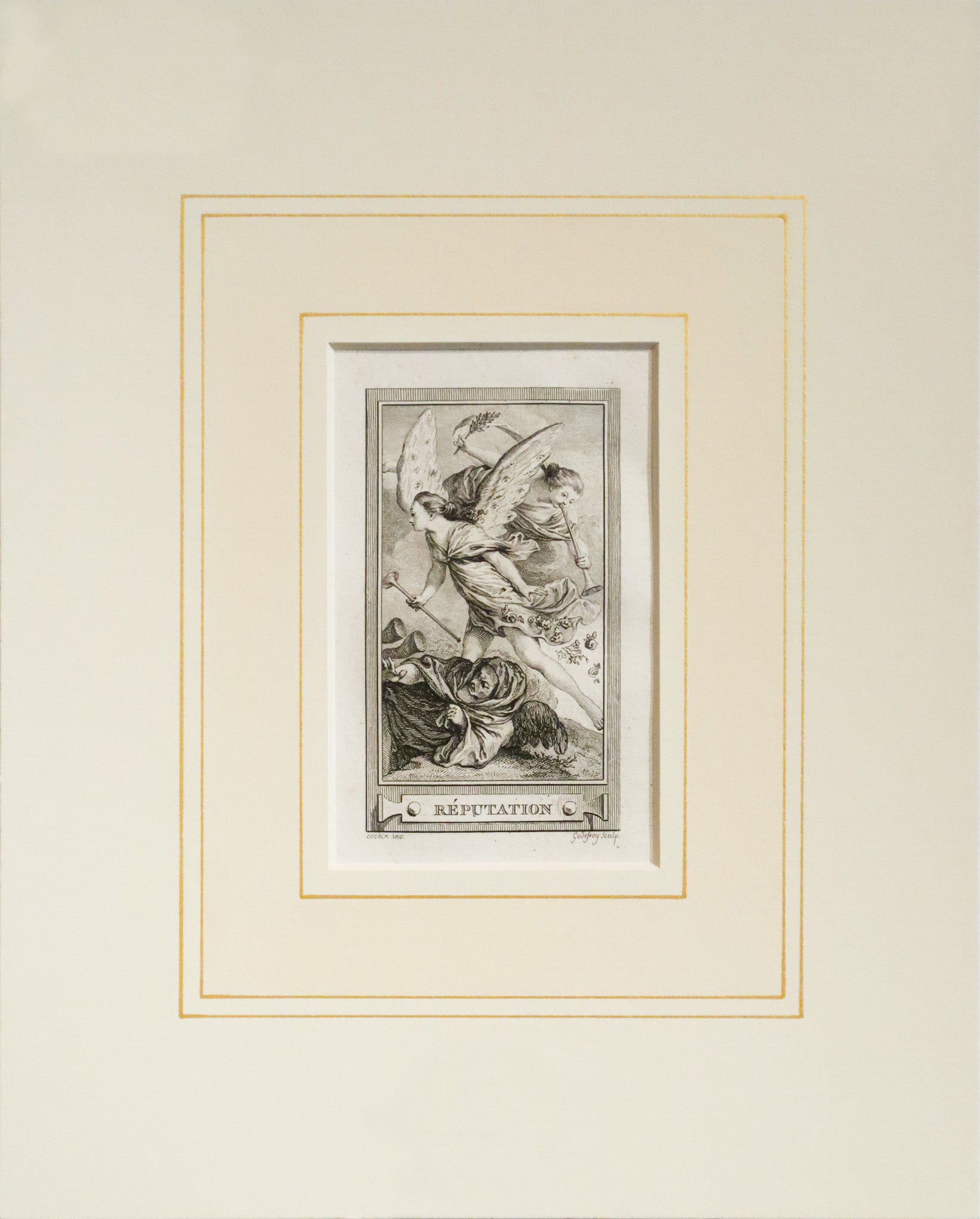 1780s Antique French Engraving - La Réputation (Reputation) Art Print with Mat - Vintage Wall Decor for Home & Office