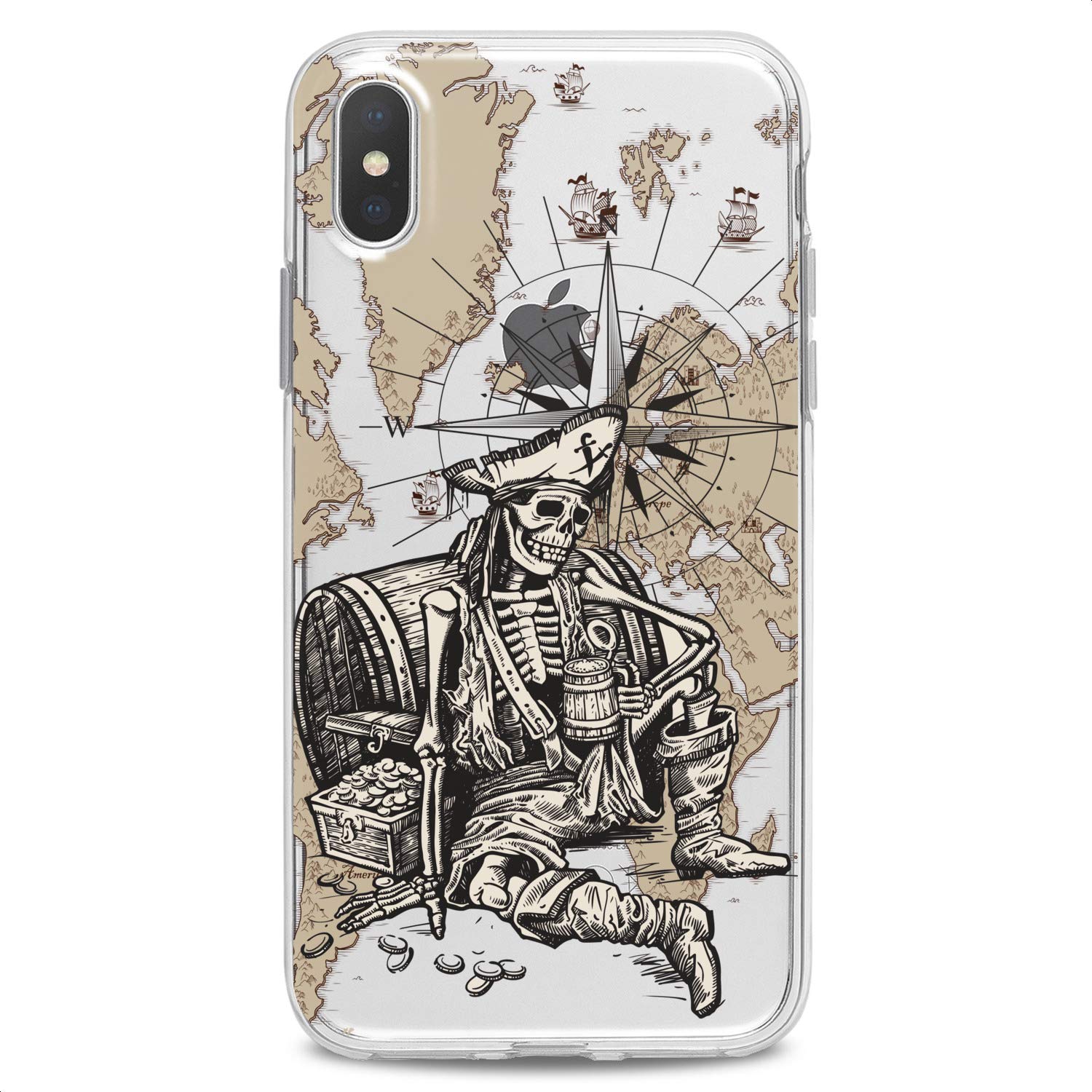 Premium TPU Phone Case for iPhone 16/15/14/13/12/11 Pro Max/Plus/Mini/XS/XR/X/8+/7/6/5/SE - Pirate Ghost Ocean Themed Clear Silicone Cover with Sea Map Print - Slim Flexible Protective Case for Travel & Adventure