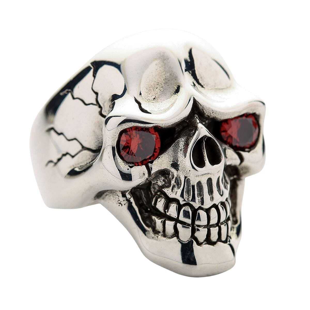 Sterling Silver Skull Ring with Red Eyes for Men - Gothic Biker Jewelry for Punk Fashion & Motorcycle Enthusiasts
