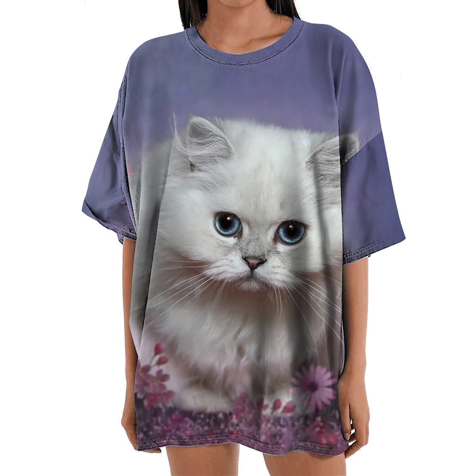 Women's Plus Size Summer Cat Print Short Sleeve Graphic T-Shirt - Flowy Loose Fit Casual Tunic Top for Beach, Vacation & Everyday Wear