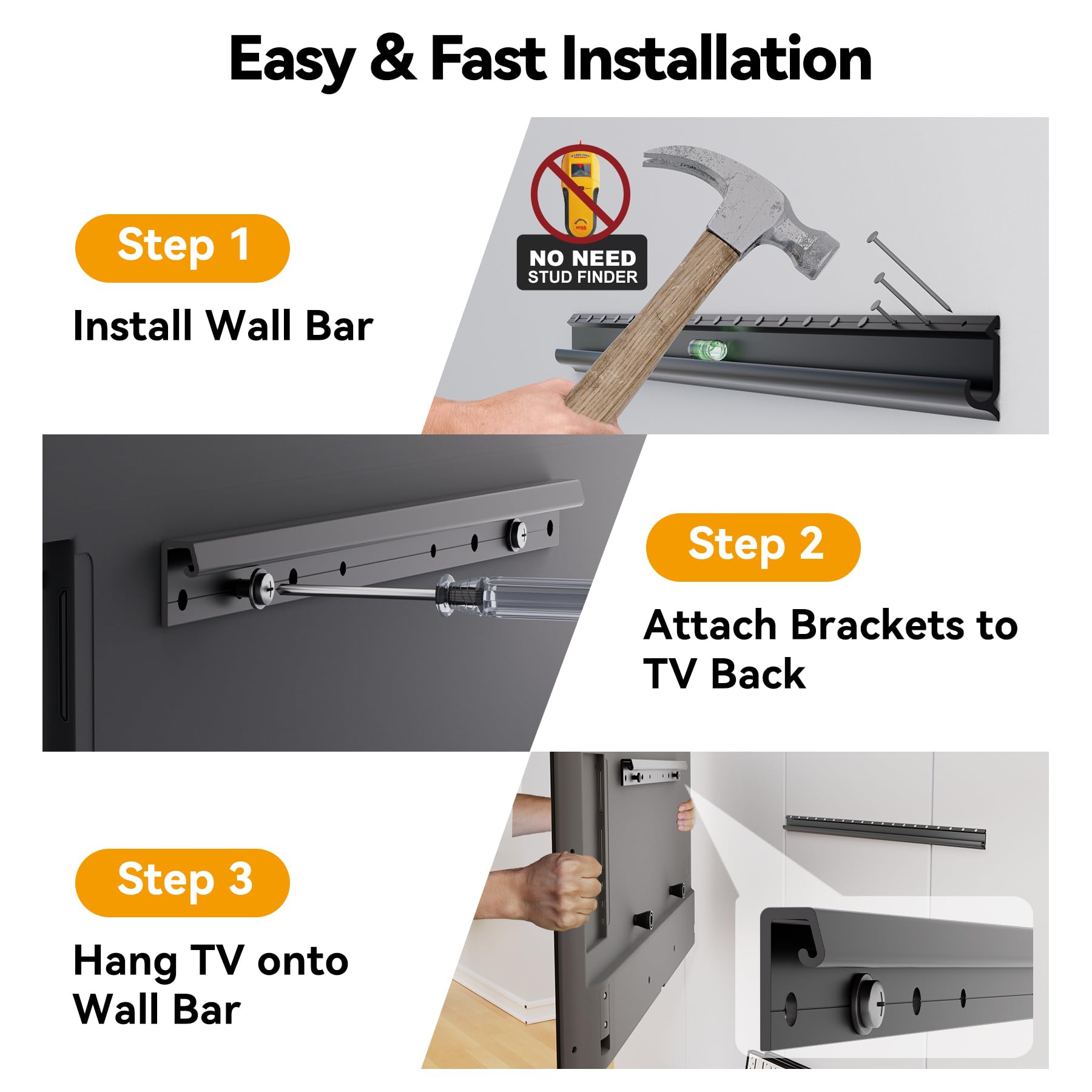 No Stud TV Wall Mount for 12-55 Inch TVs - No Drill TV Bracket Holds up to 100 lbs, Studless Drywall Mount with Bubble Level - Low Profile, Screwless & Easy Installation for Bedroom, Living Room, Dorm, Office - Perfect for Space-Saving Home Entertainment Setup