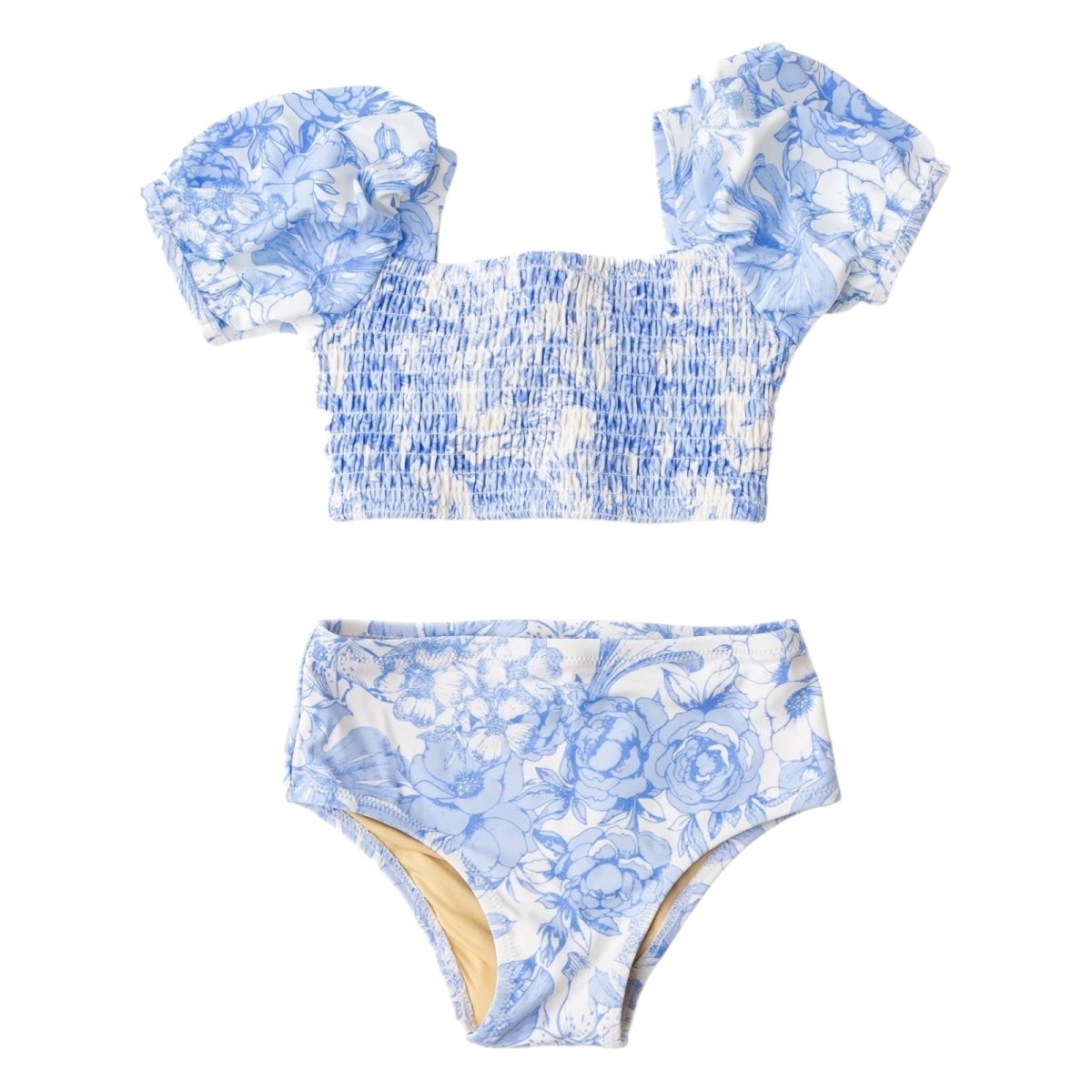 Tropical Blues Puff Sleeve Two Piece Bikini Set - Sexy Ruffled Swimwear for Women | Beach Vacation, Pool Party & Summer Getaway