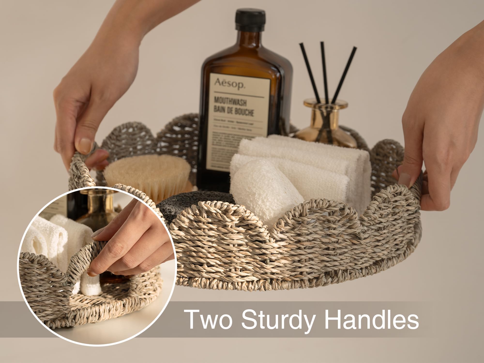 Round Wicker Rattan Serving Tray with Handles - 13