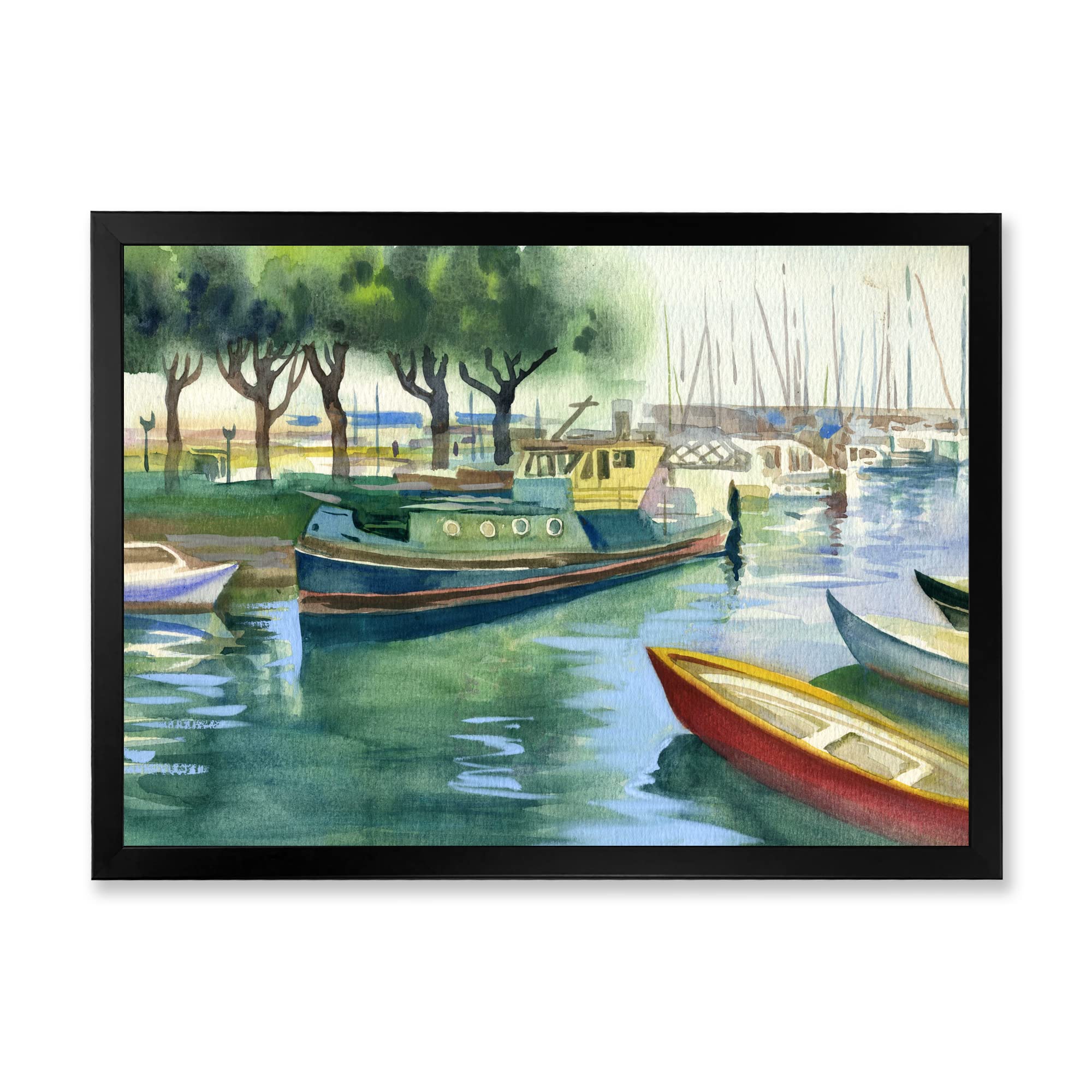 DesignQ Boats in Green Spring Traditional Framed Wall Art - Vintage Nautical Decor for Living Room, Bedroom & Office