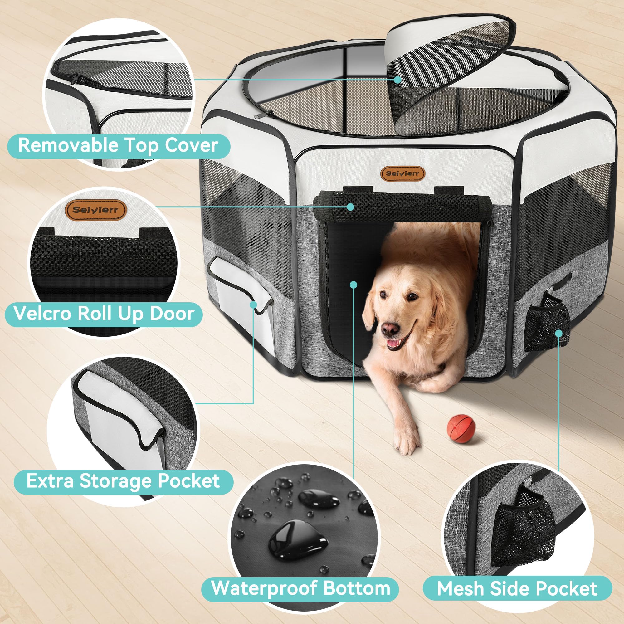 Portable Dog Playpen with Removable Mesh Shade Cover - Foldable Pet Play Pen for Puppies & Small Cats - Indoor/Outdoor Use for Backyard, Travel & Home Training (8 Panels, 24