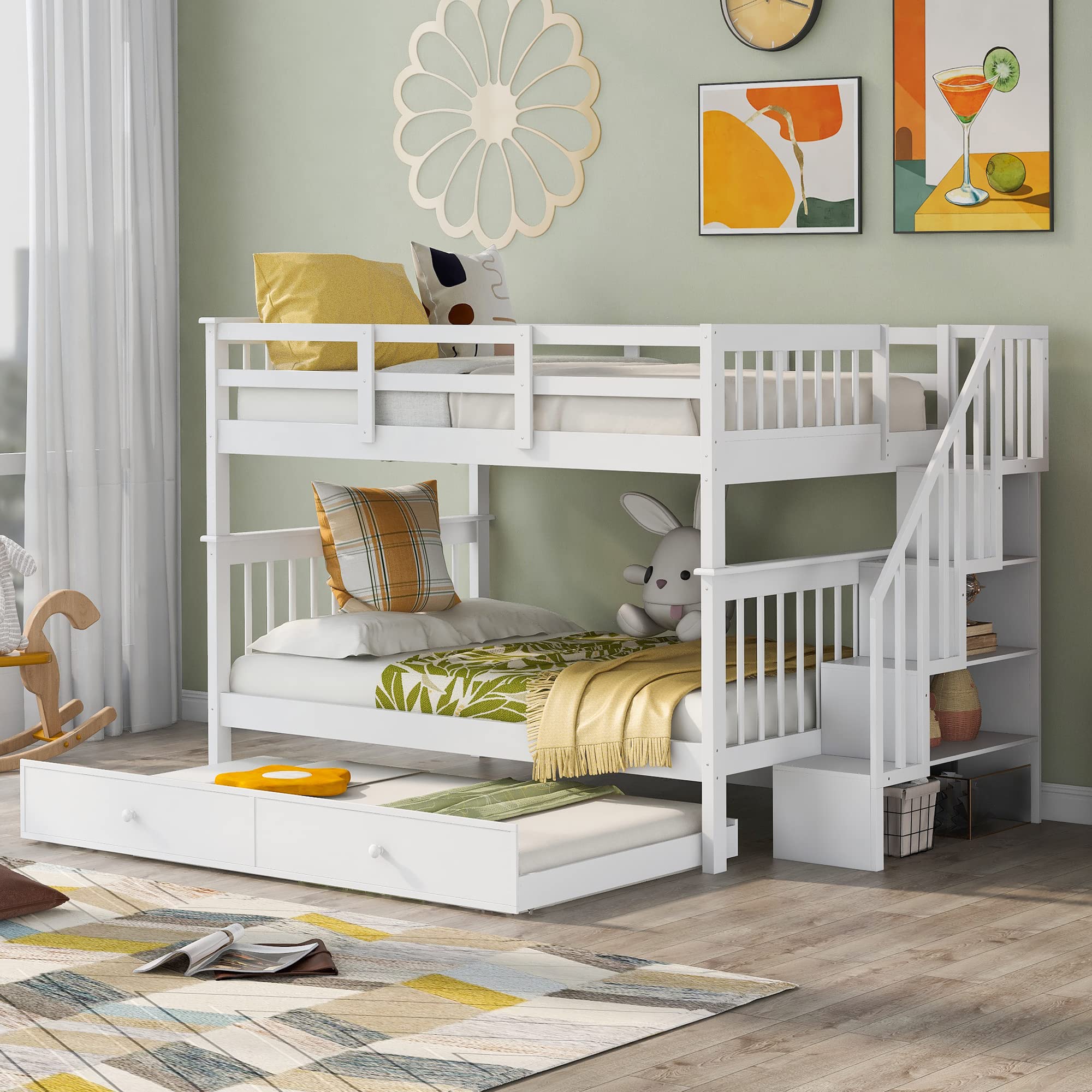 MERITLINE Full Over Full Wooden Bunk Bed Frame with Stairs & Trundle - Convertible Kids Bunk Bed in White | Space-Saving Solution for Shared Bedrooms, Guest Rooms & Small Spaces