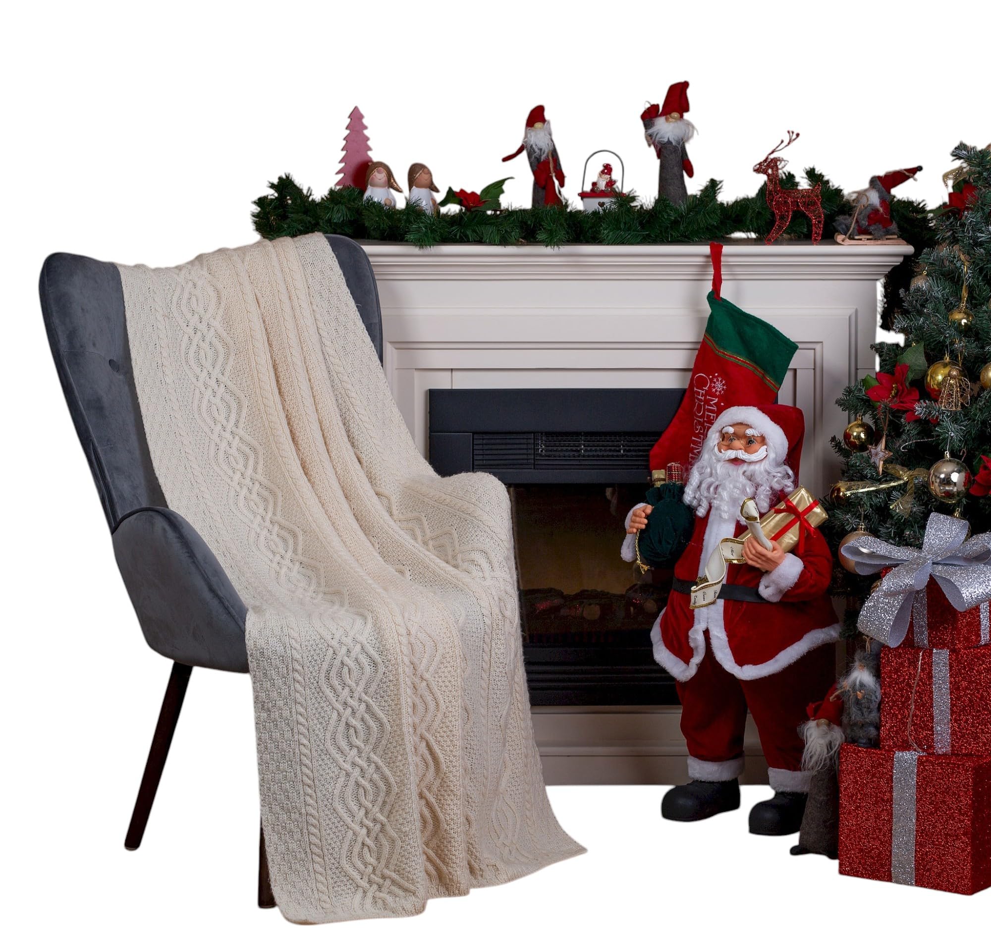 SAOL Luxurious Dara 100% Merino Wool Cable Knit Aran Throw Blanket - Soft Warm Couch Cover & Bed Blanket - Natural Color - 69 x 44 Inches - Perfect for Living Room, Bedroom & Winter Snuggling