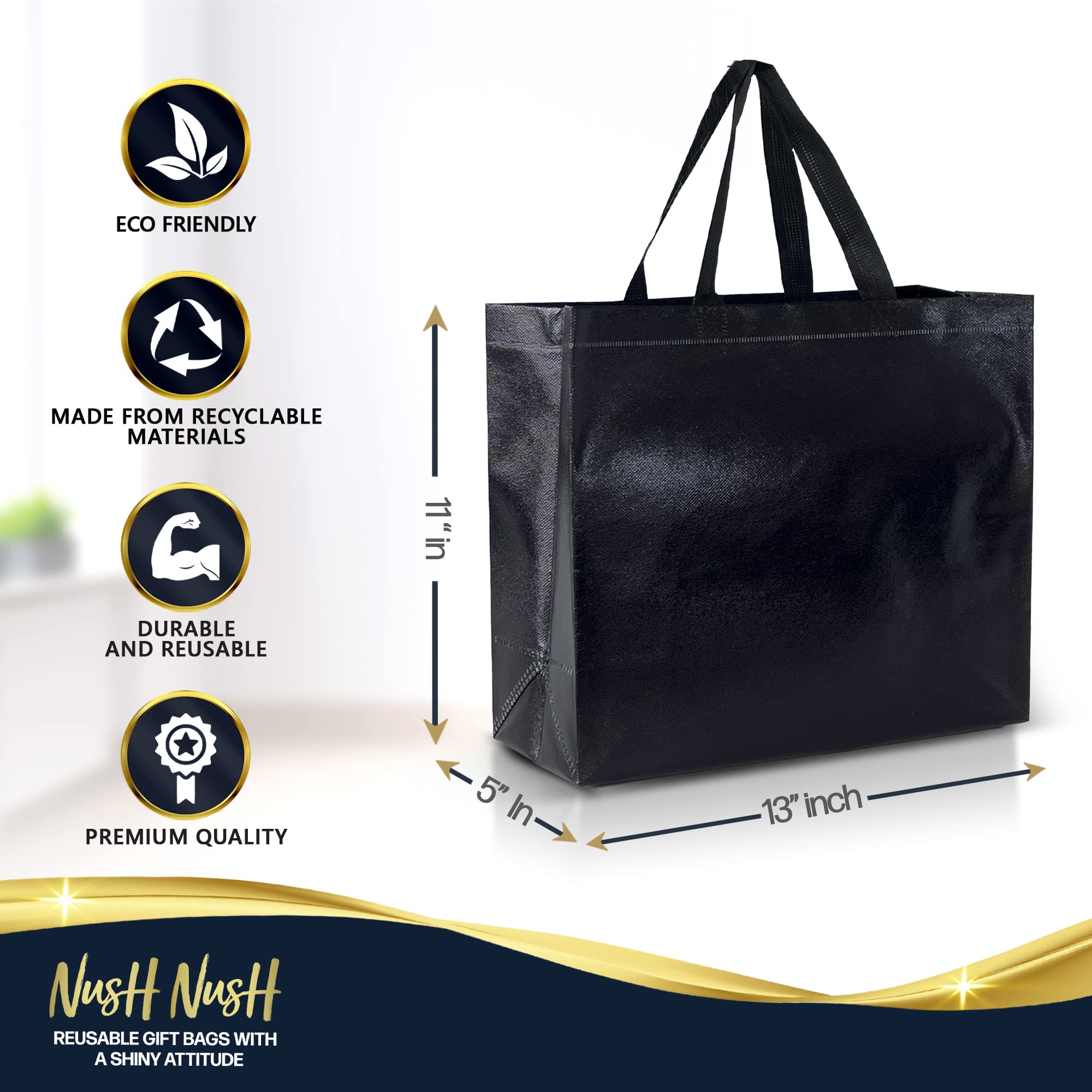 Nush Nush Bulk Set of 30 Large Shiny Black Reusable Gift Bags with Handles - 13