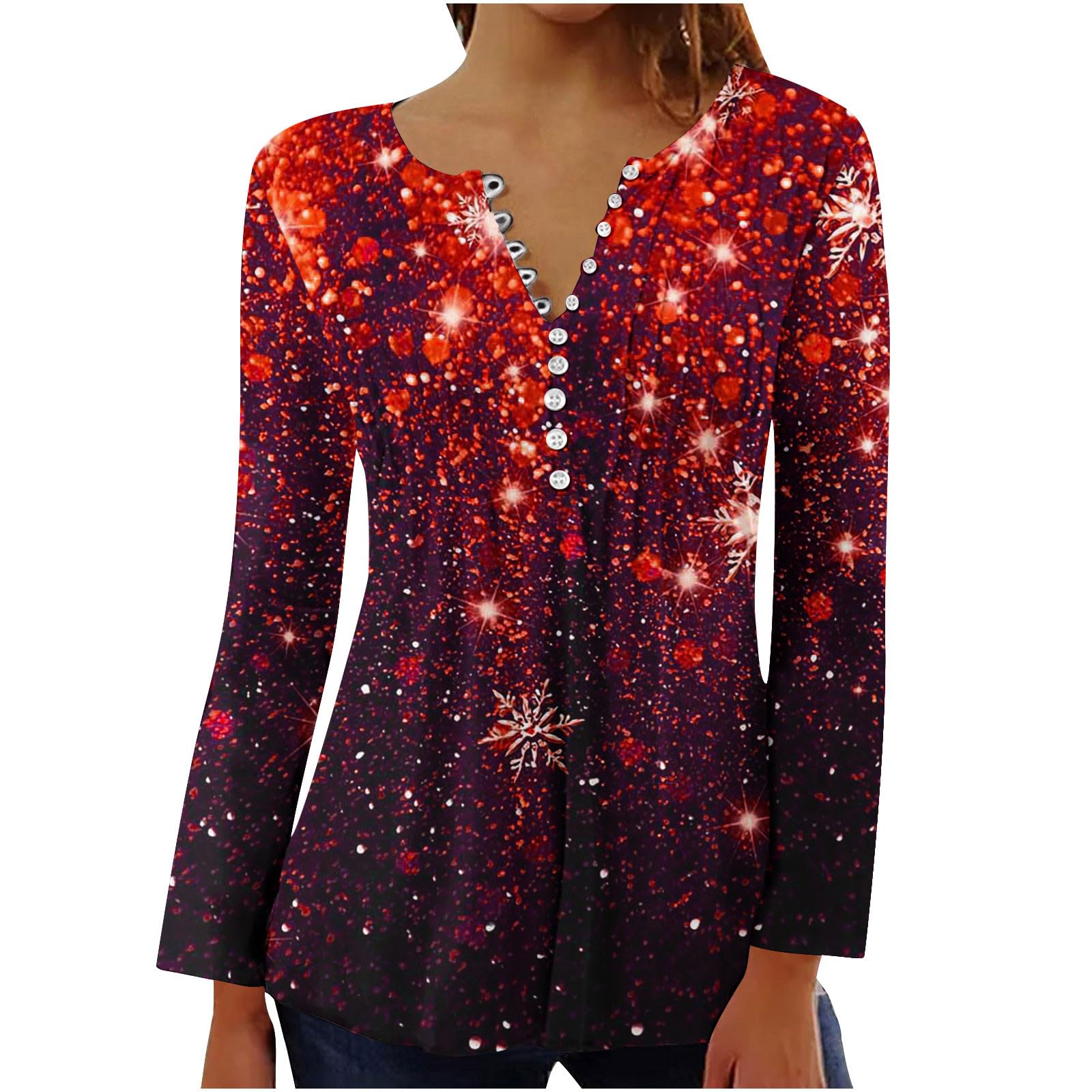 Women's Christmas V-Neck Button Down Long Sleeve Sweatshirt - Festive Holiday Blouse for Casual & Dressy Occasions | Perfect for Xmas Parties, Family Gatherings & Winter Office Wear