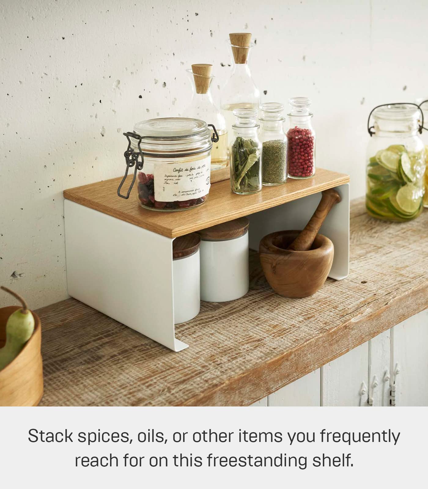 Yamazaki Home Wood-Top Stackable Kitchen Rack - Modern Counter Shelf Organizer with Steel Frame & Wood Top, Large, White - Perfect for Pantry, Spice, and Utensil Storage in Small Kitchens