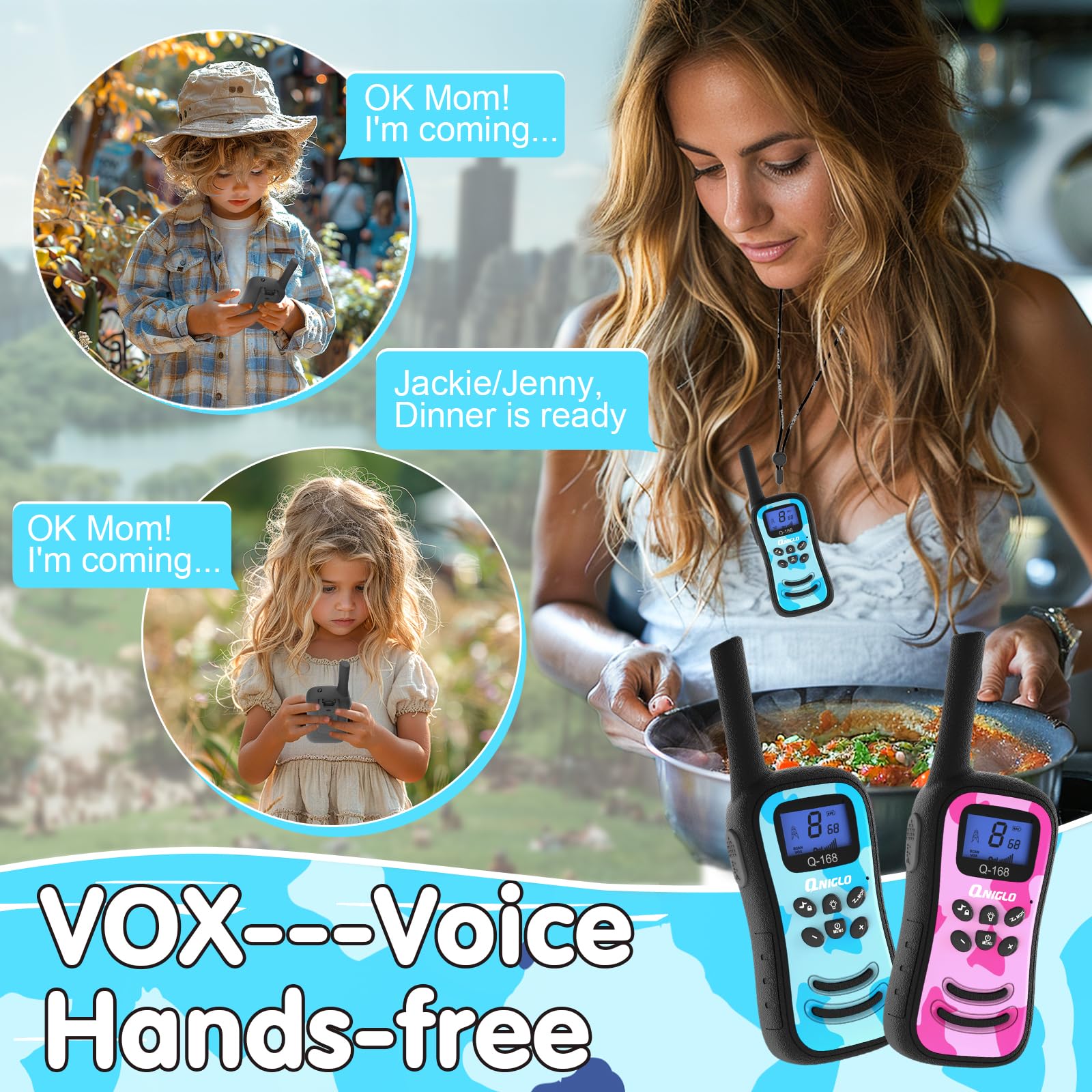 Qniglo Rechargeable Walkie Talkies for Kids - 22 Channel USB Charging Two Way Radios with Lanyard, Camouflage Design - 4 Pack Walkie Talkies for Camping, Hiking, Family Outdoor Games - Perfect Gift for Boys & Girls Ages 3-12 (Birthday, Christmas, Travel Adventures)