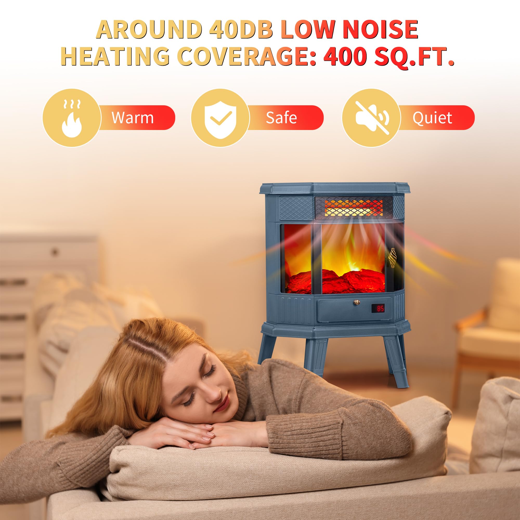 RealSmart 22-inch Freestanding Electric Fireplace Heater with 3D Flame Effect, Remote Control, Timer & Overheating Protection - Blue - Perfect for Bedroom, Living Room & Office Warmth