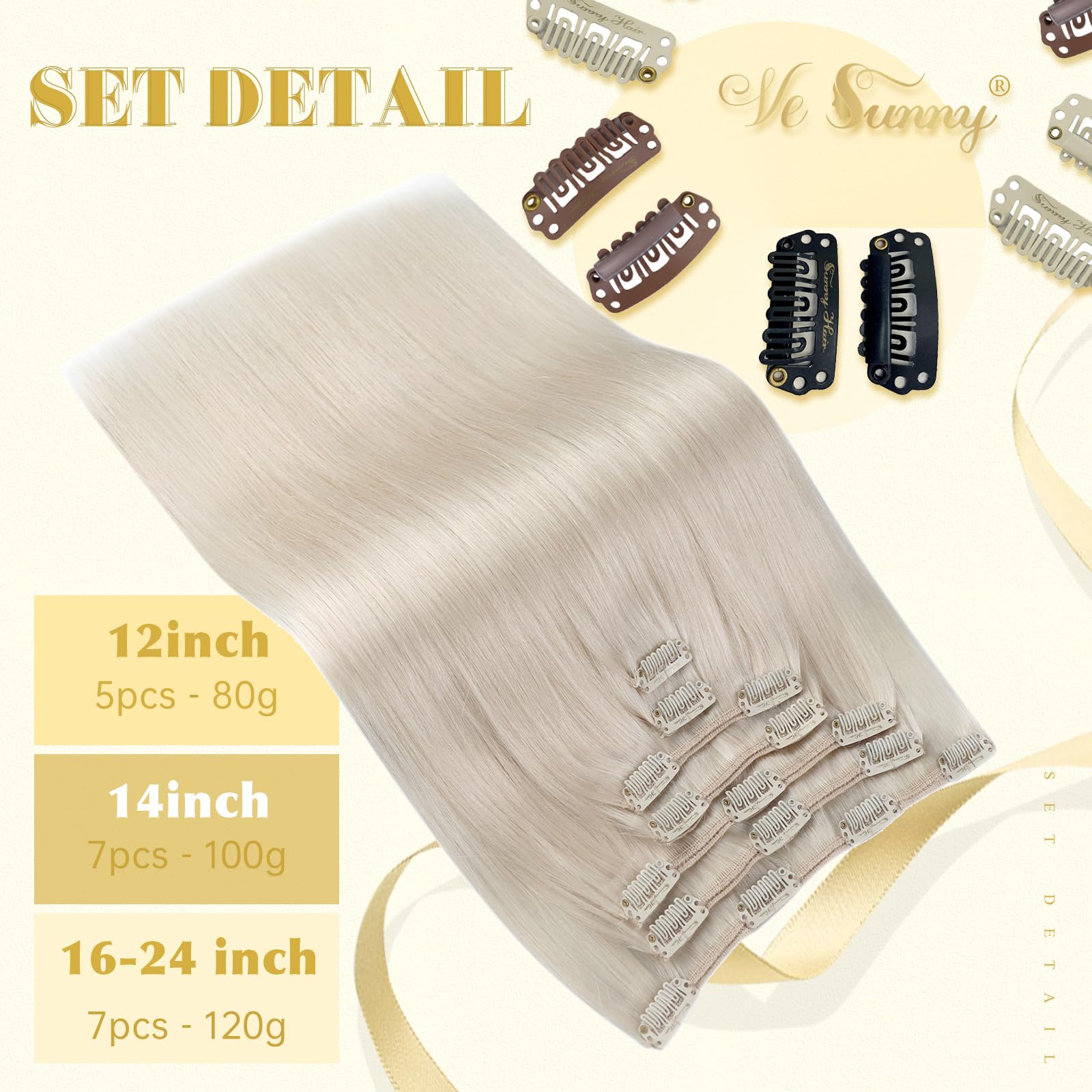 Ve Sunny Platinum Blonde Clip-in Human Hair Extensions - 20 Inch 7pcs 120g Real Remy Human Hair for Long Hair - Easy to Wear & Style for Parties, Weddings & Daily Use