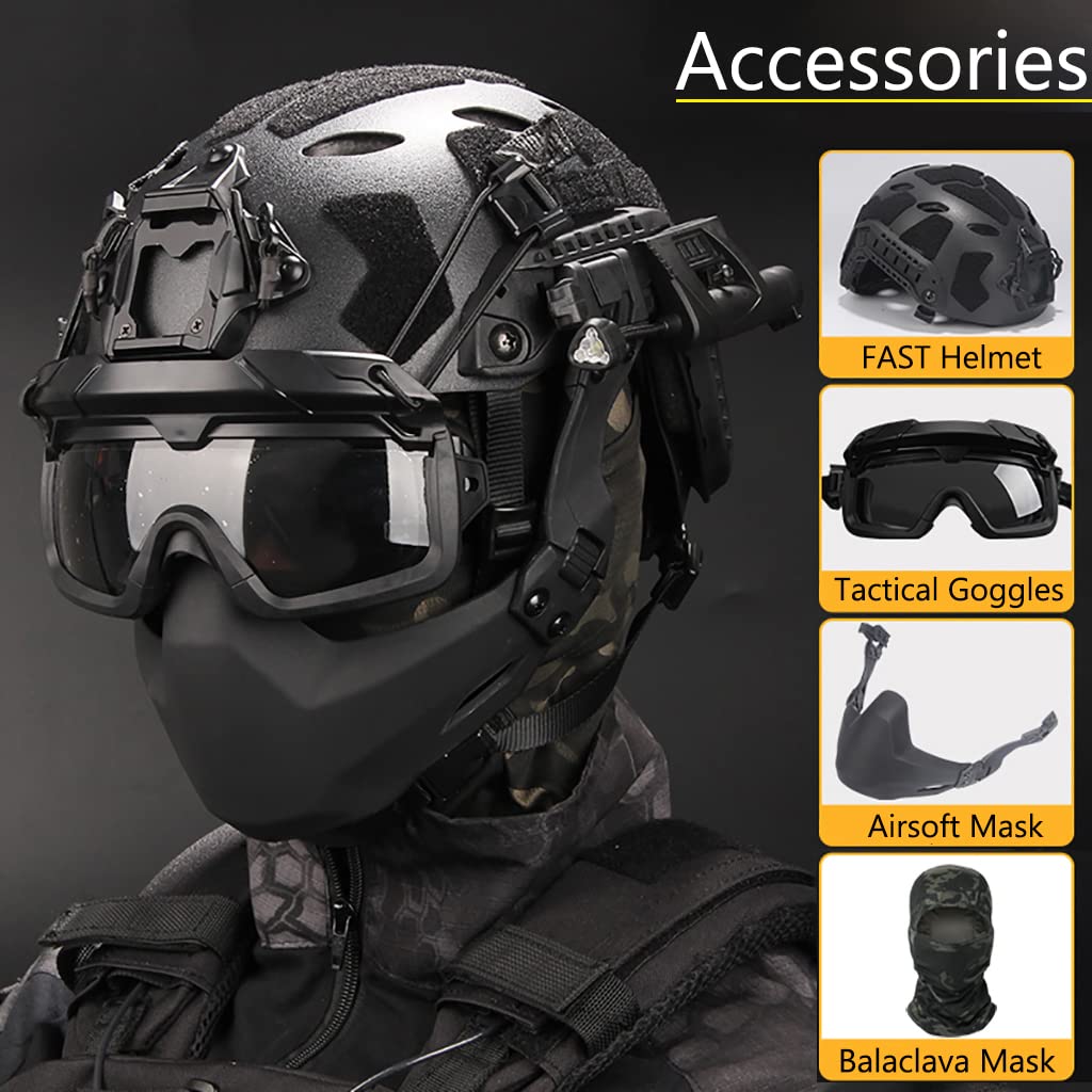Tactical Airsoft Helmet & Mask Set with Noise Canceling Headset, Goggles, Battery Pocket & NVG Mount - Lightweight Fast Helmet for Outdoor Paintball, Hunting & Airsoft Games