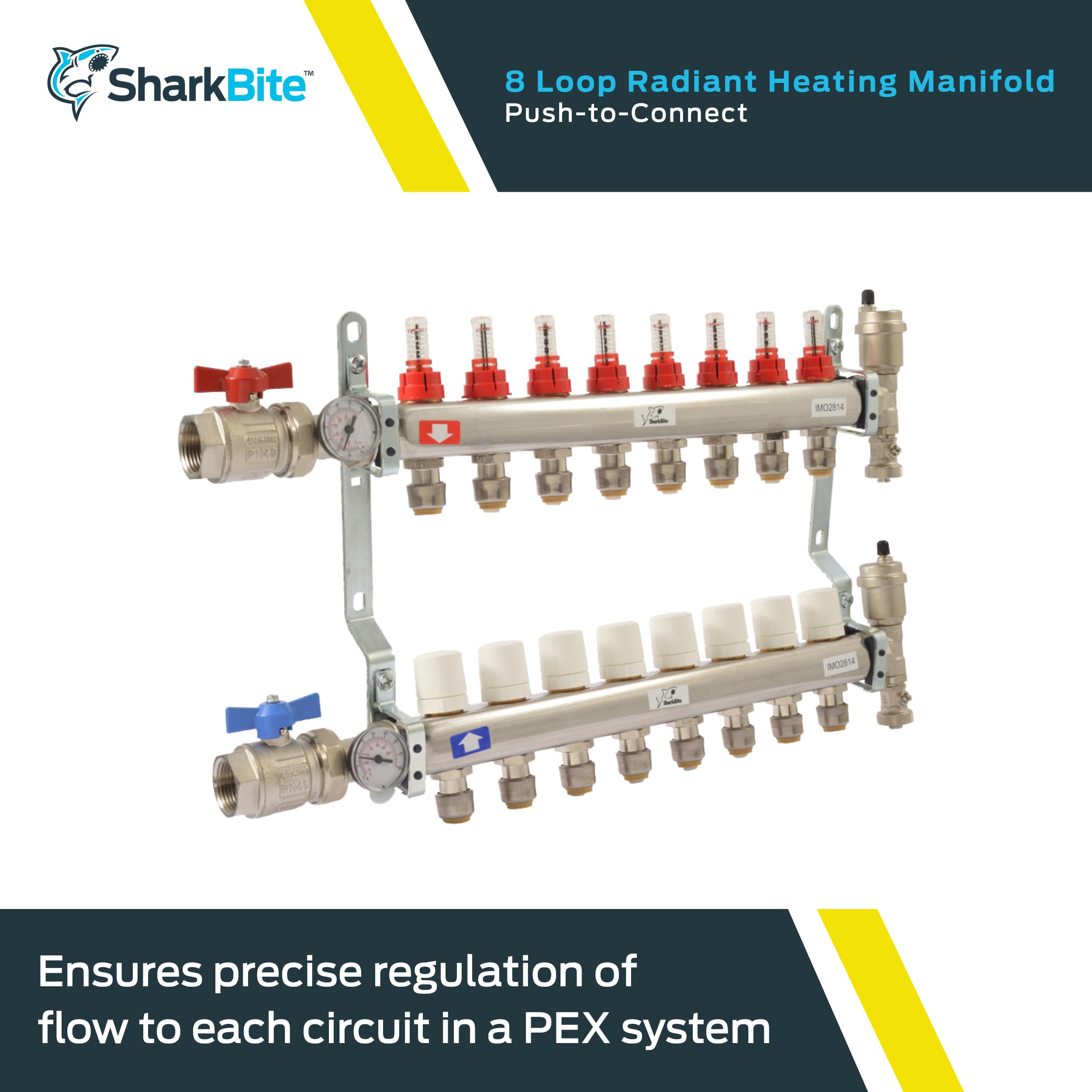 SharkBite 8 Loop Radiant Heating Manifold - Push to Connect Brass Plumbing Fitting for PEX Pipe & PE-RT (Model 24935) - Perfect for Hydronic Heating Systems & Underfloor Heating Installations