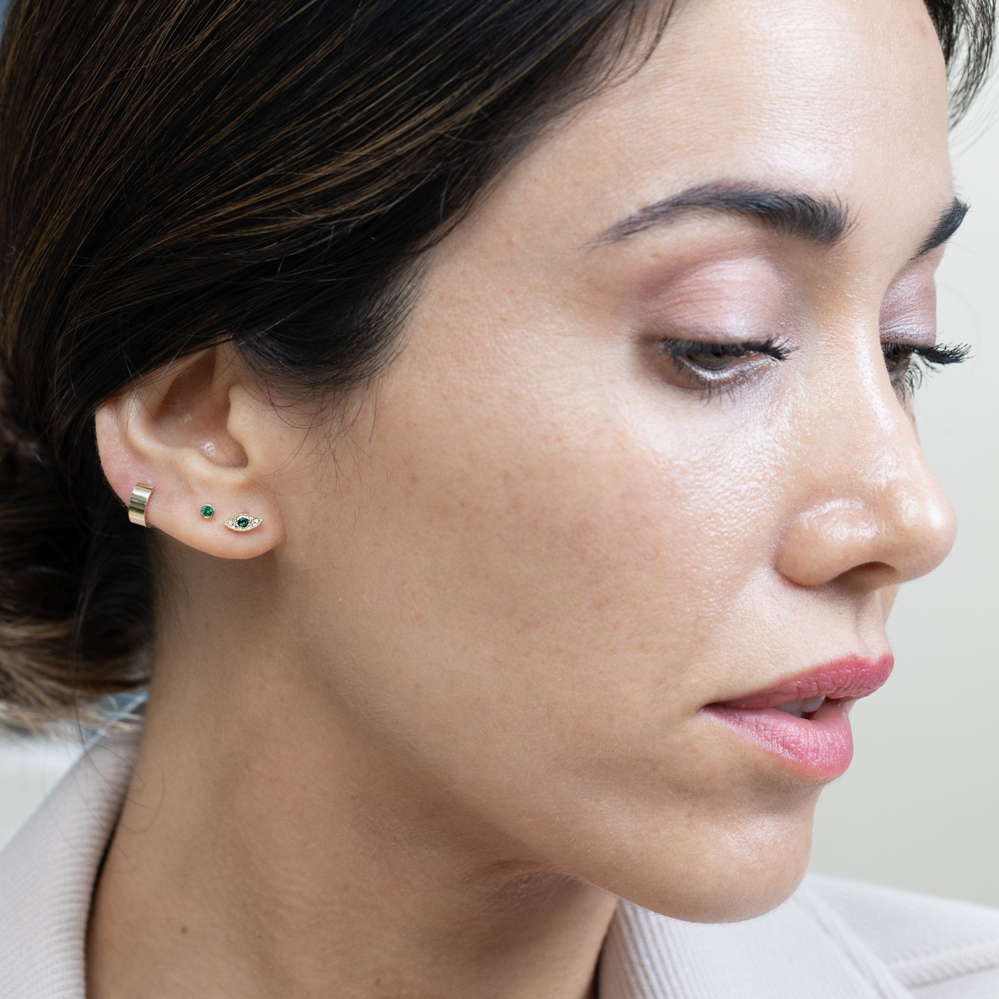 14K Yellow Gold Emerald Evil Eye Flat Back Stud Earrings for Women - Protection Jewelry for Everyday Wear & Gift Giving