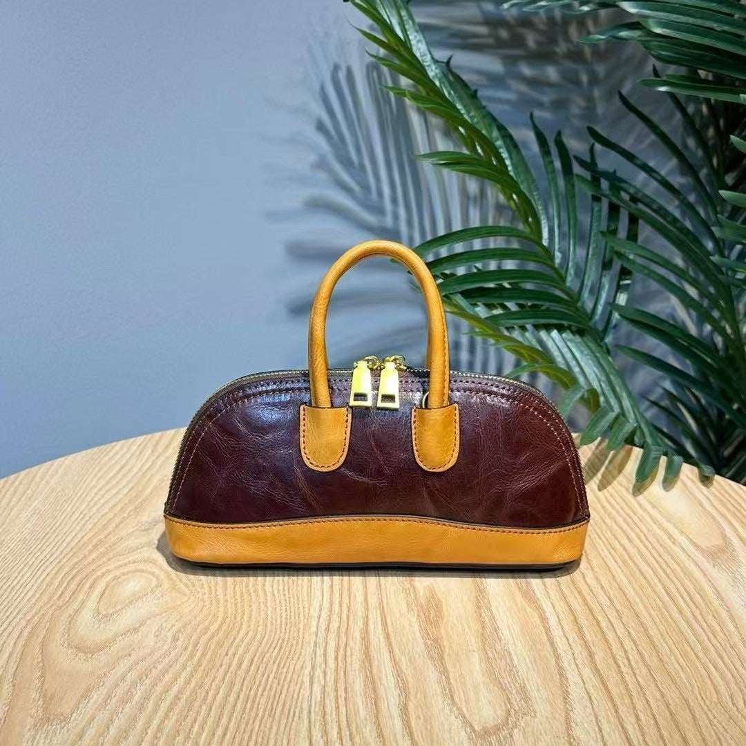 Vintage Mini Leather Bowling Bag for Women - Stylish & Durable Handbag for Casual Outings, Travel & Everyday Use