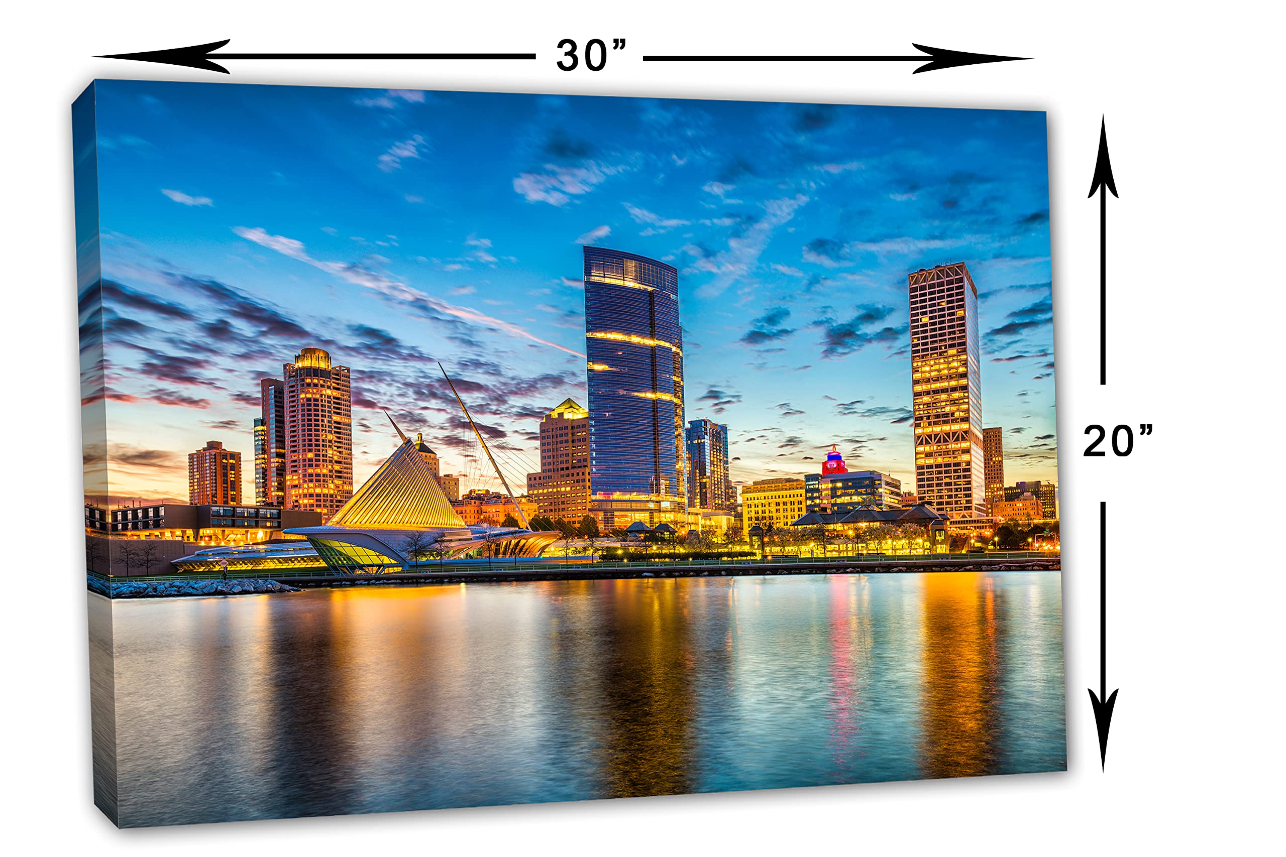 30x20 Milwaukee WI Skyline Canvas Print - Blue Skies Wisconsin Wall Art Decor for Living Room, Office & Home